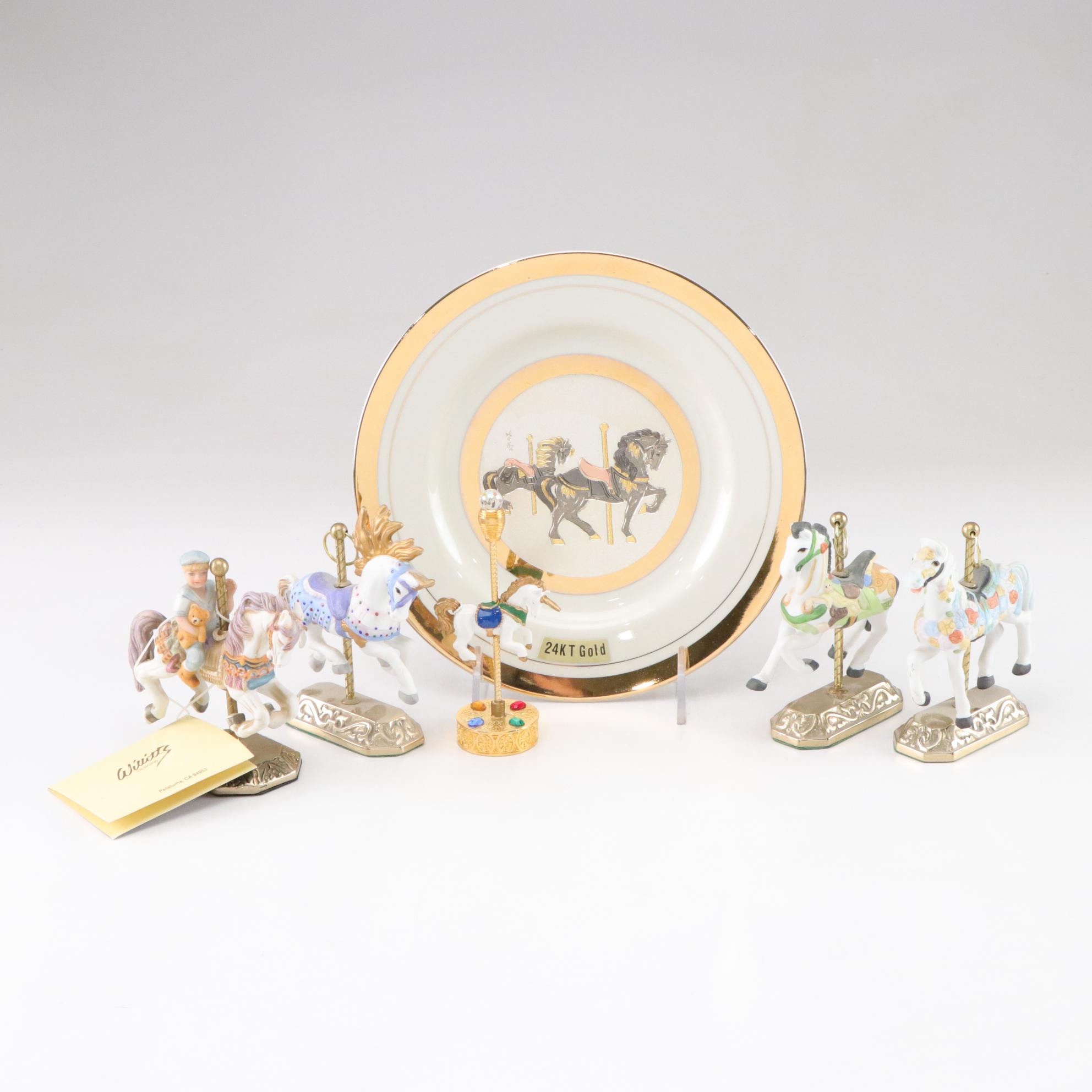 Chokin 24K Gold Accented Plate & Carousel Horse Figurines