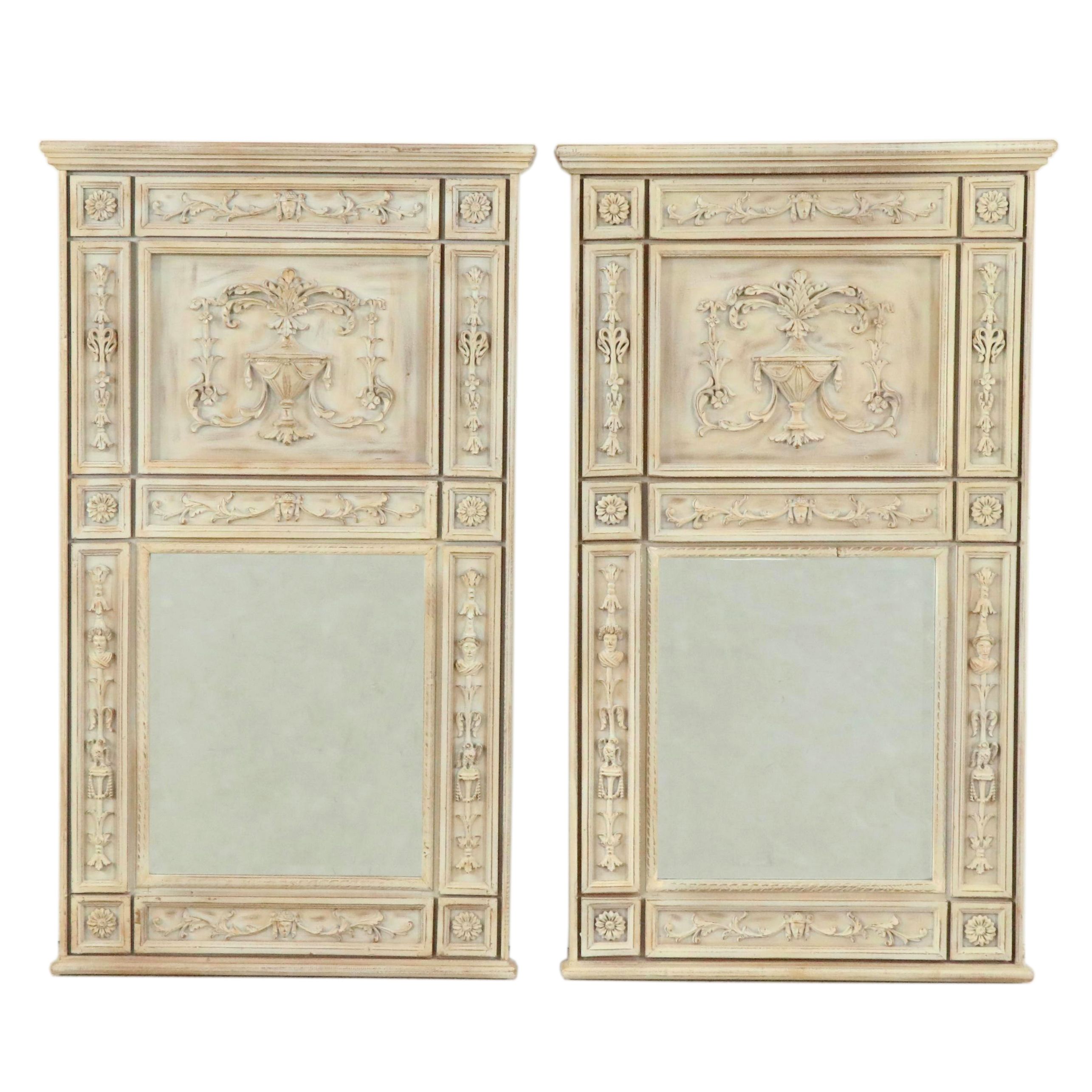 Pair of Louis XVI Style Distress Painted Trumeau Mirrors, 21st Century