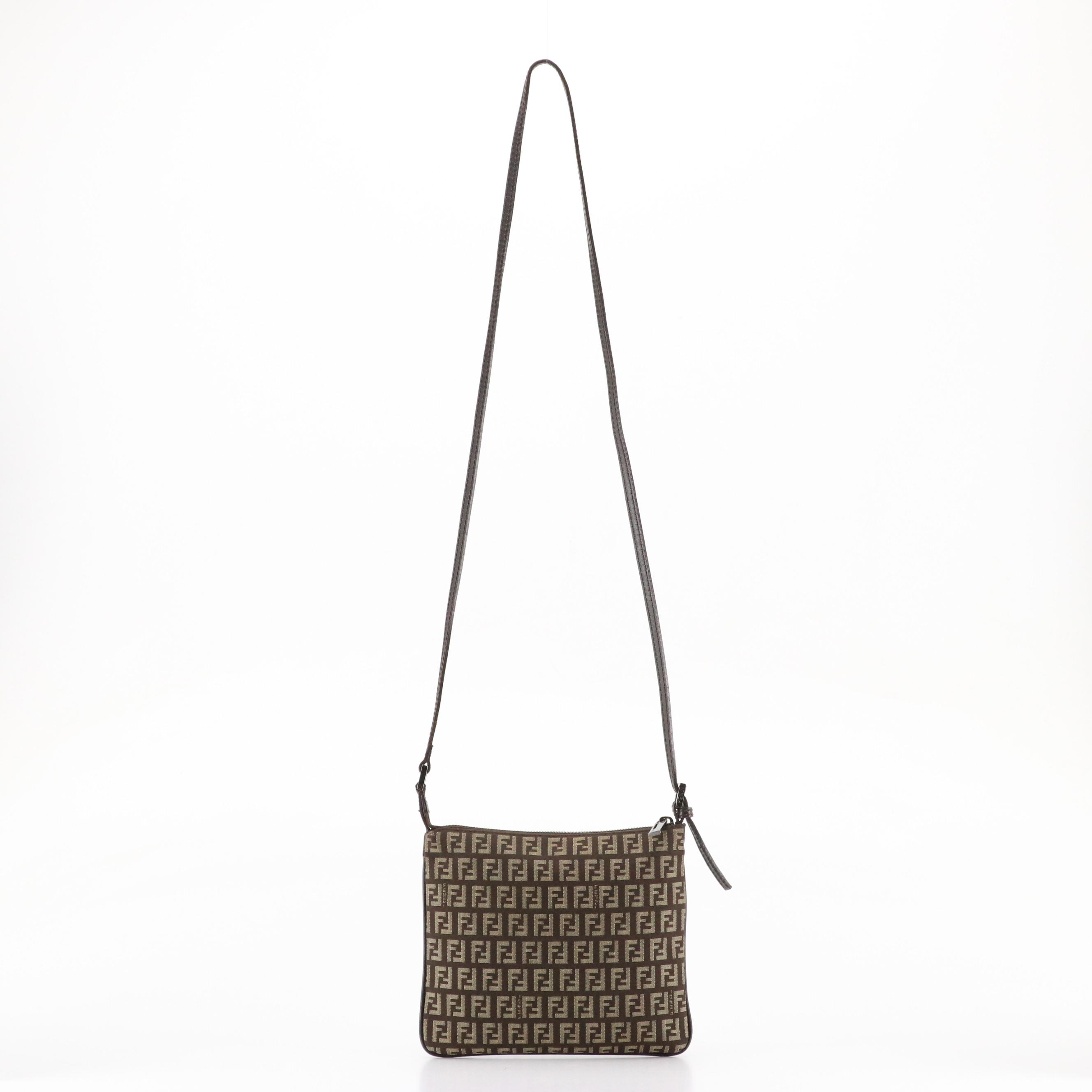 Fendi Flat Crossbody Bag in Brown Zucchino Canvas and Leather Trim