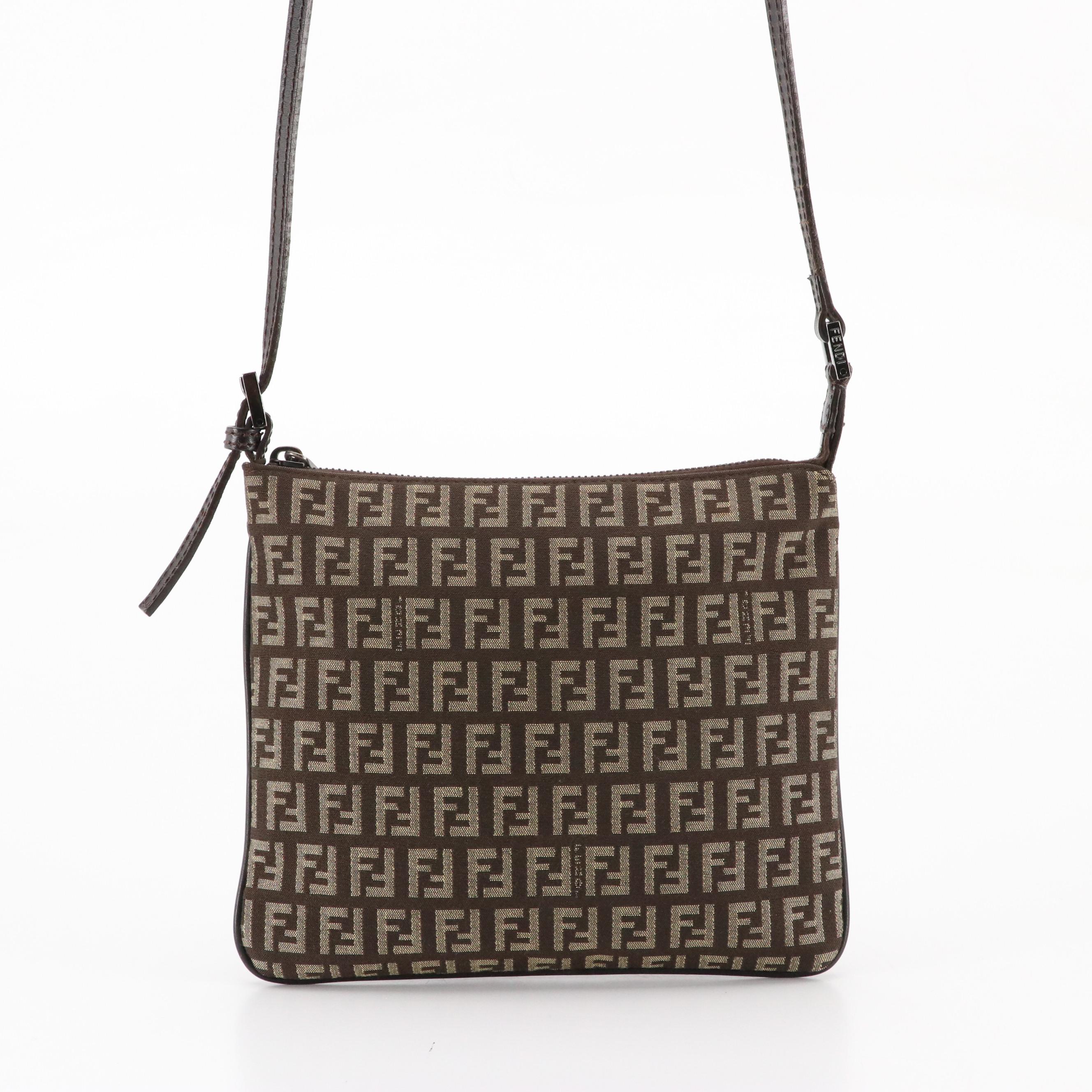 Fendi Flat Crossbody Bag in Brown Zucchino Canvas and Leather Trim