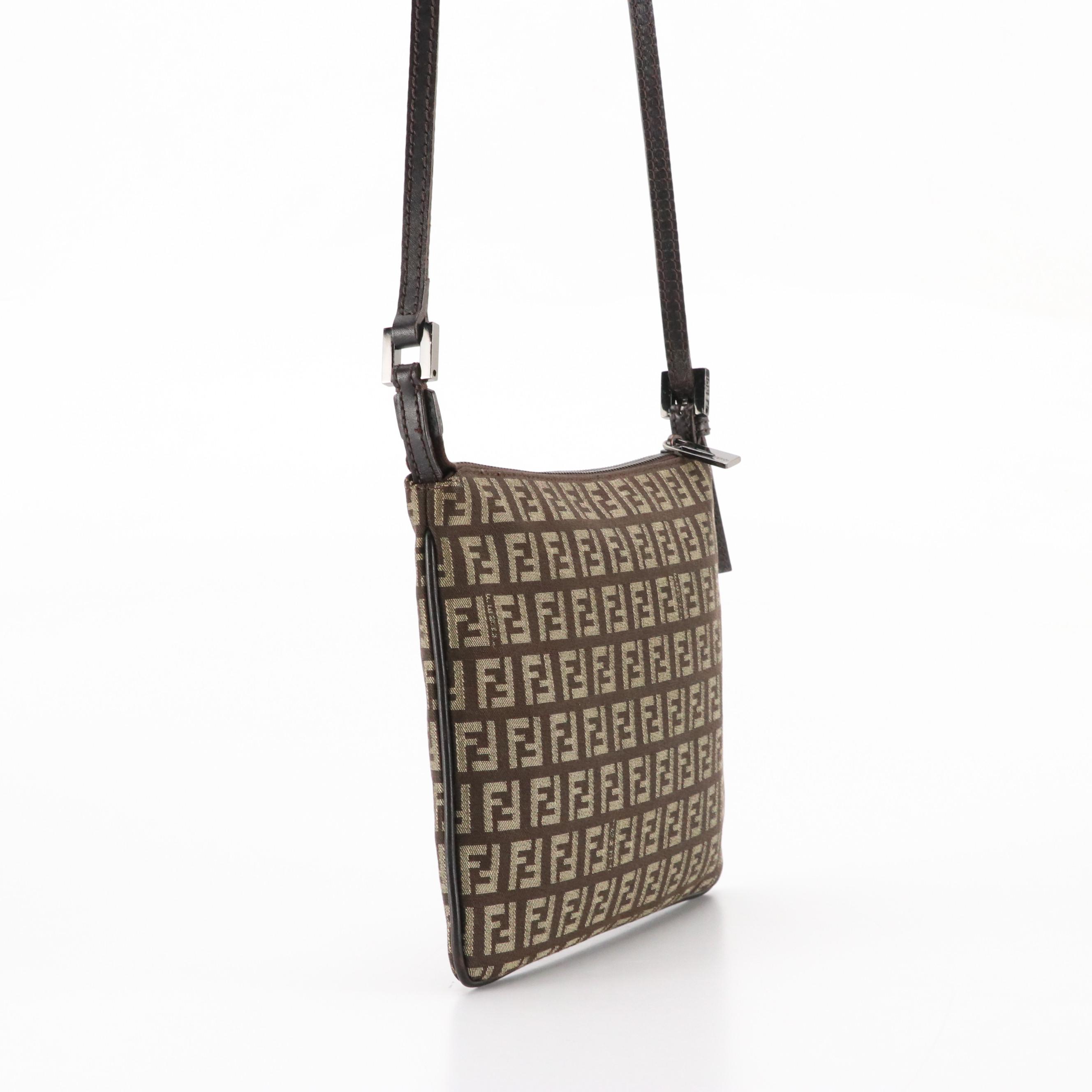 Fendi Flat Crossbody Bag in Brown Zucchino Canvas and Leather Trim