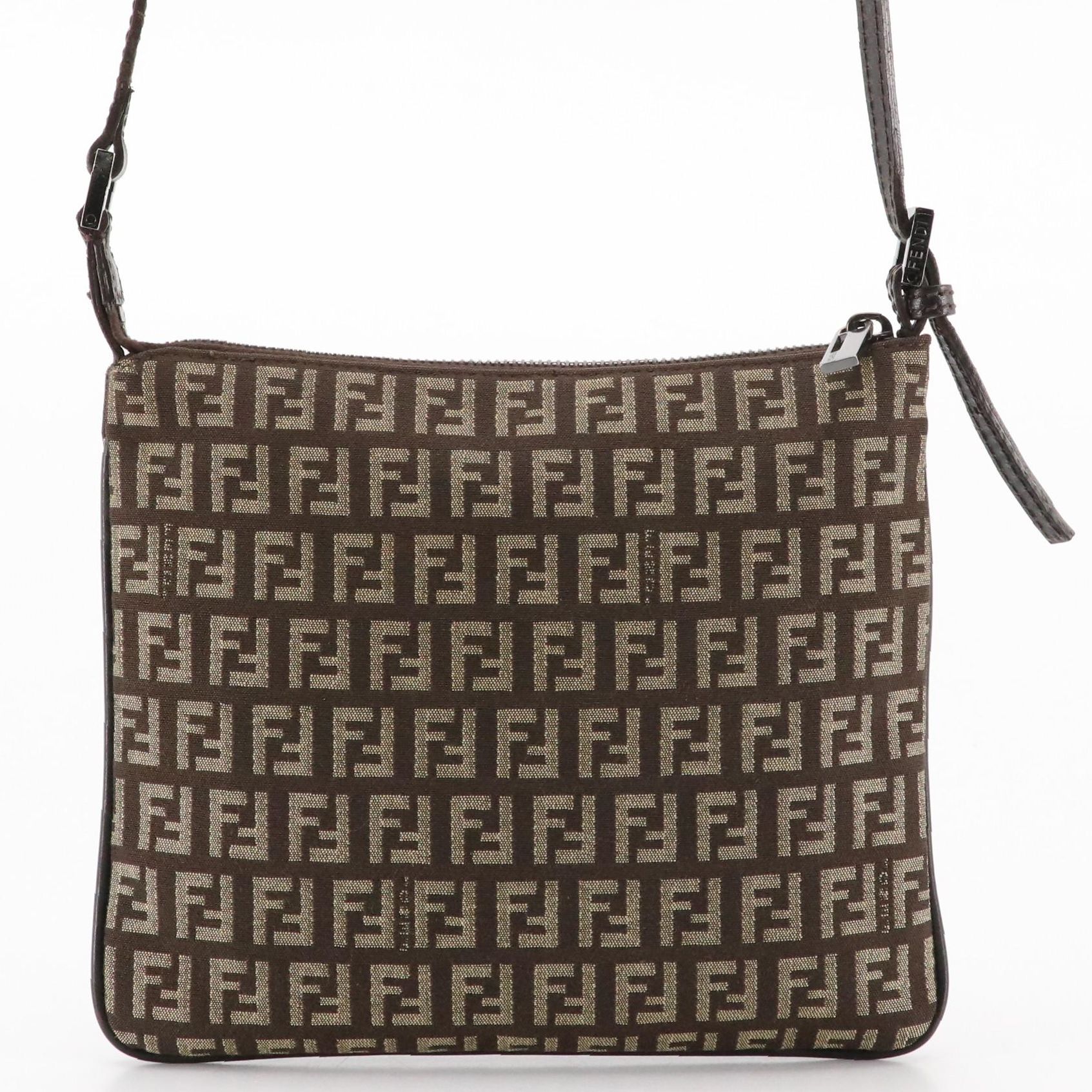 Fendi Flat Crossbody Bag in Brown Zucchino Canvas and Leather Trim