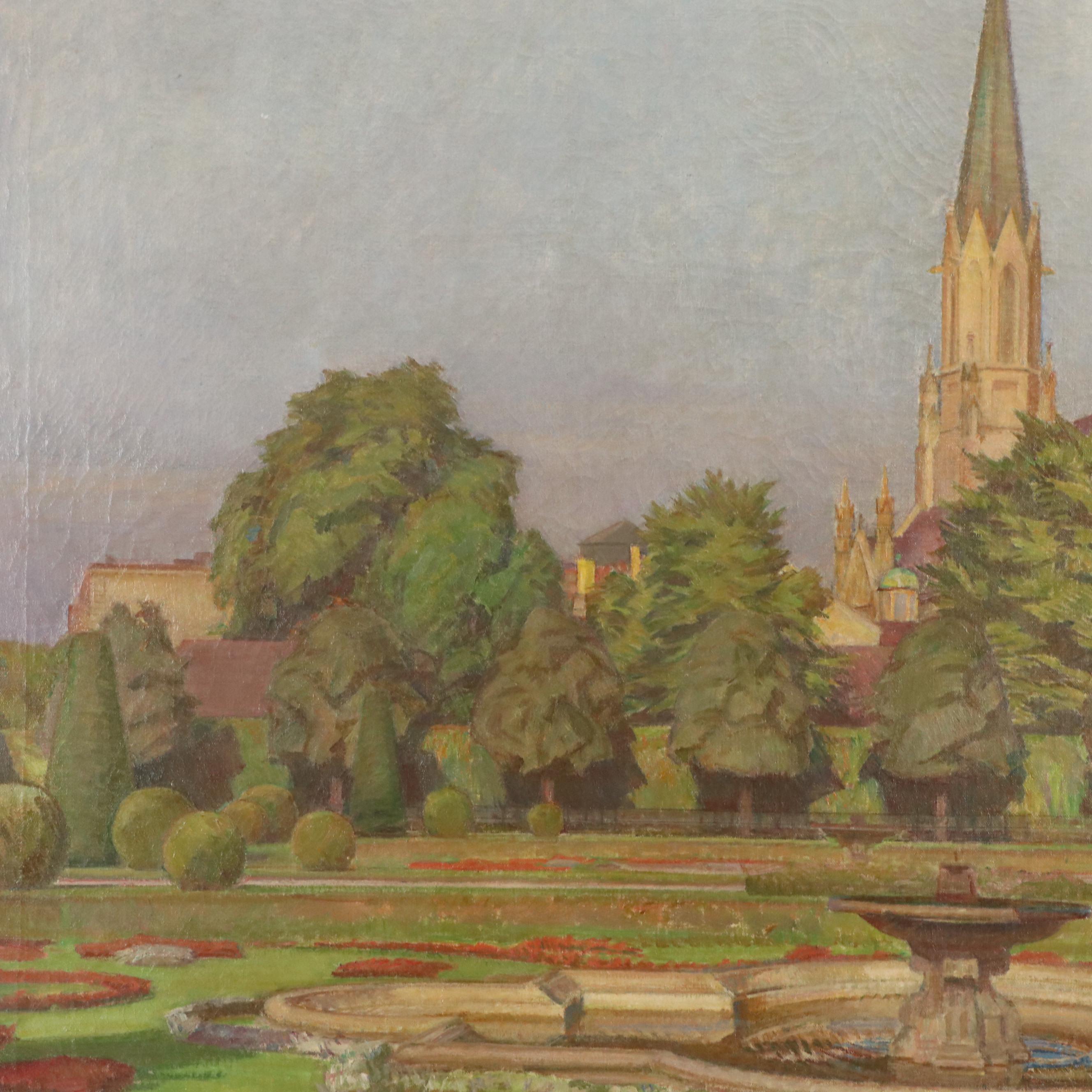 German Landscape Oil Painting of Miramer Castle and Lake, Chemnitz, 1929