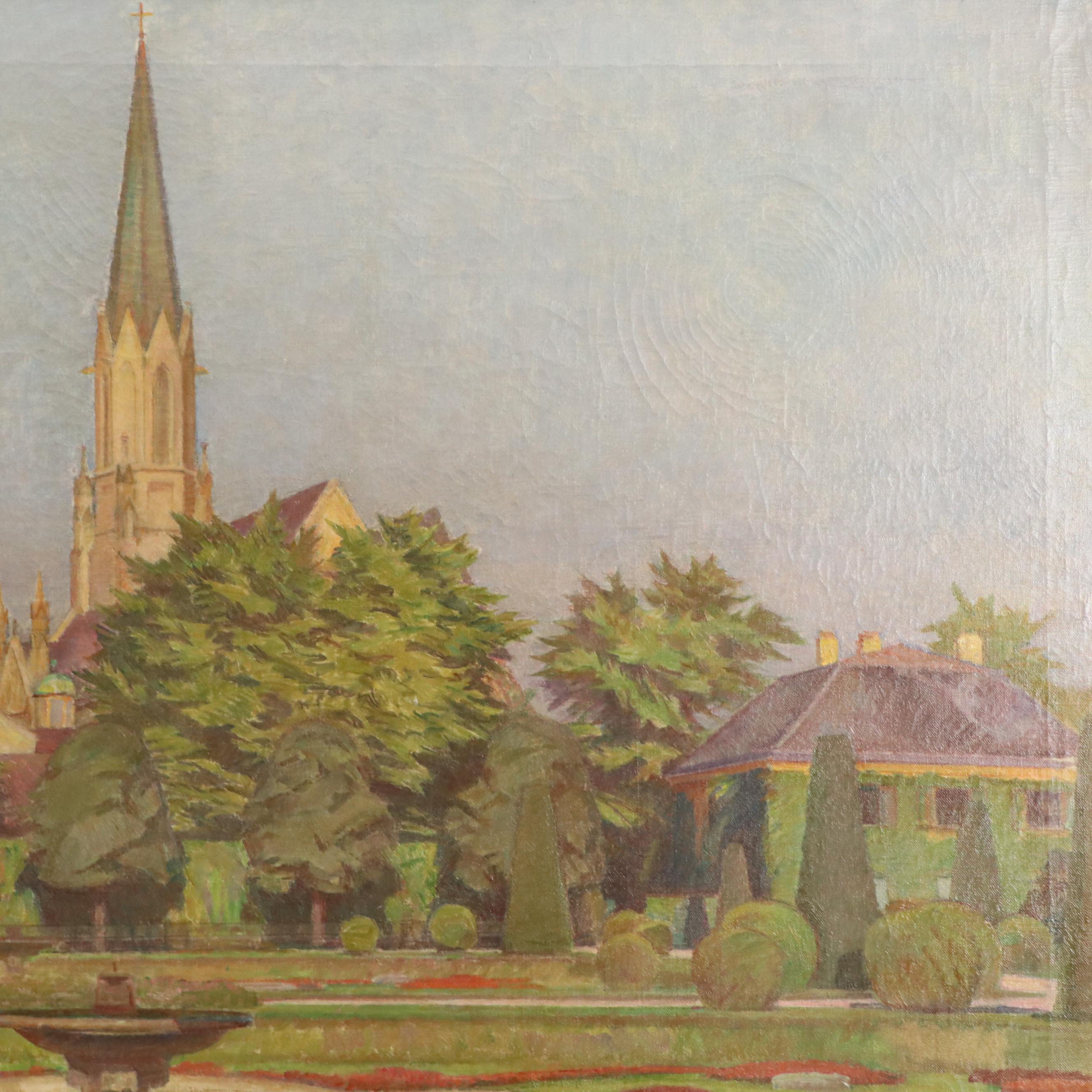 German Landscape Oil Painting of Miramer Castle and Lake, Chemnitz, 1929