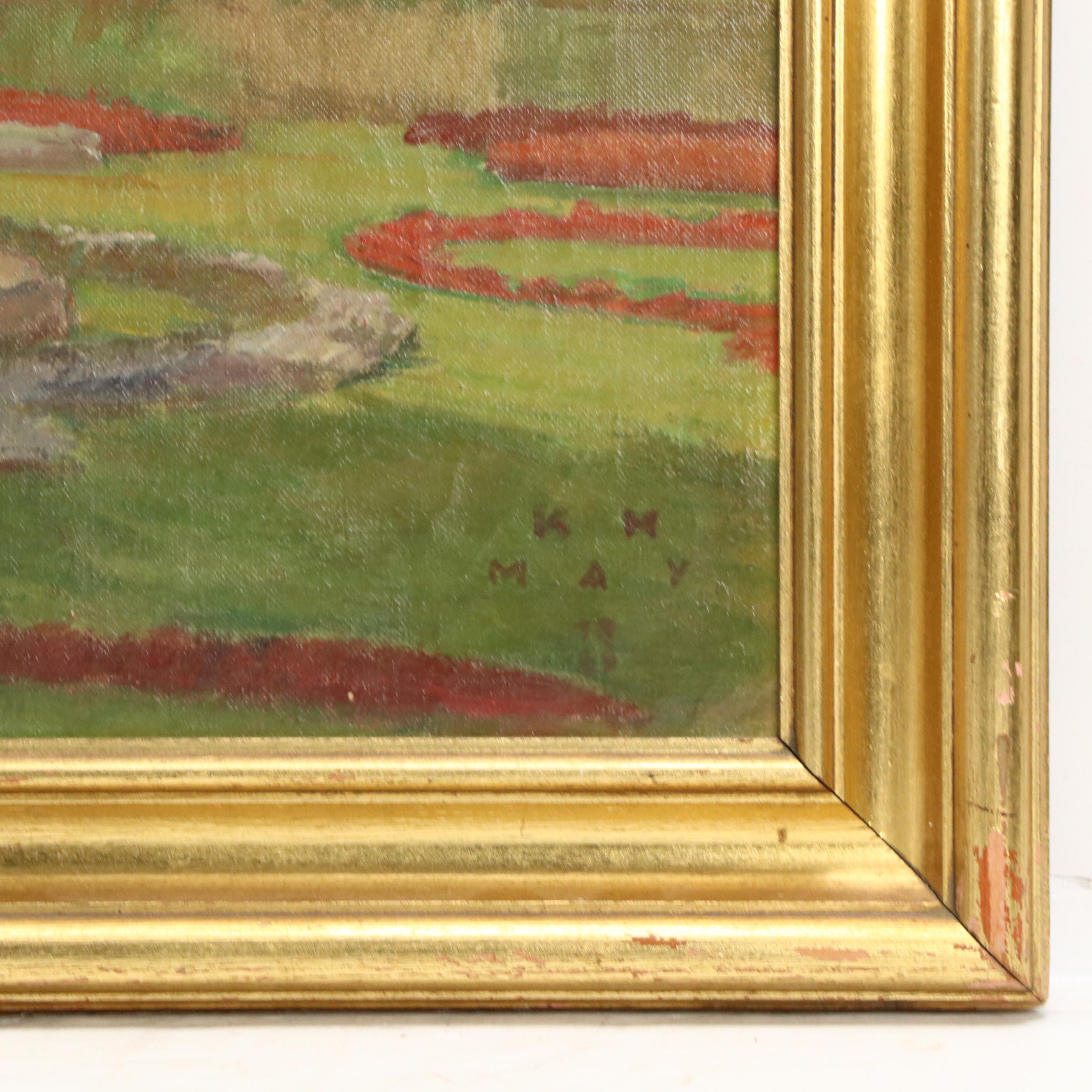 German Landscape Oil Painting of Miramer Castle and Lake, Chemnitz, 1929