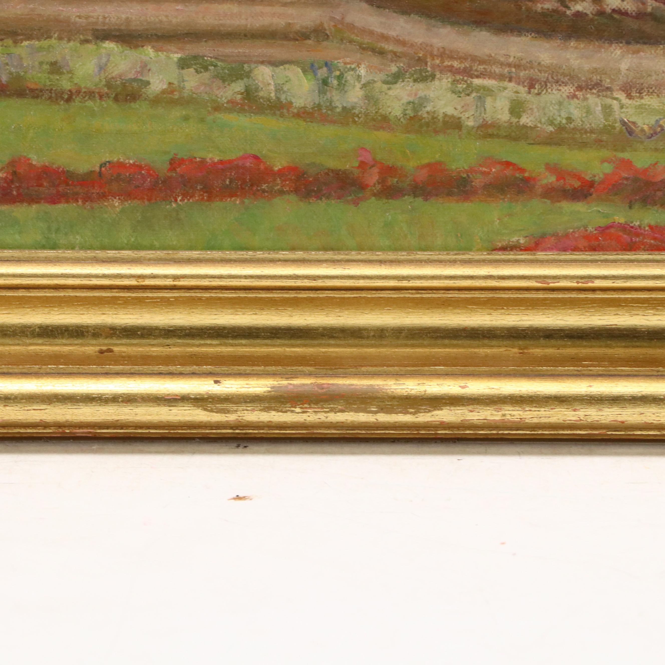 German Landscape Oil Painting of Miramer Castle and Lake, Chemnitz, 1929