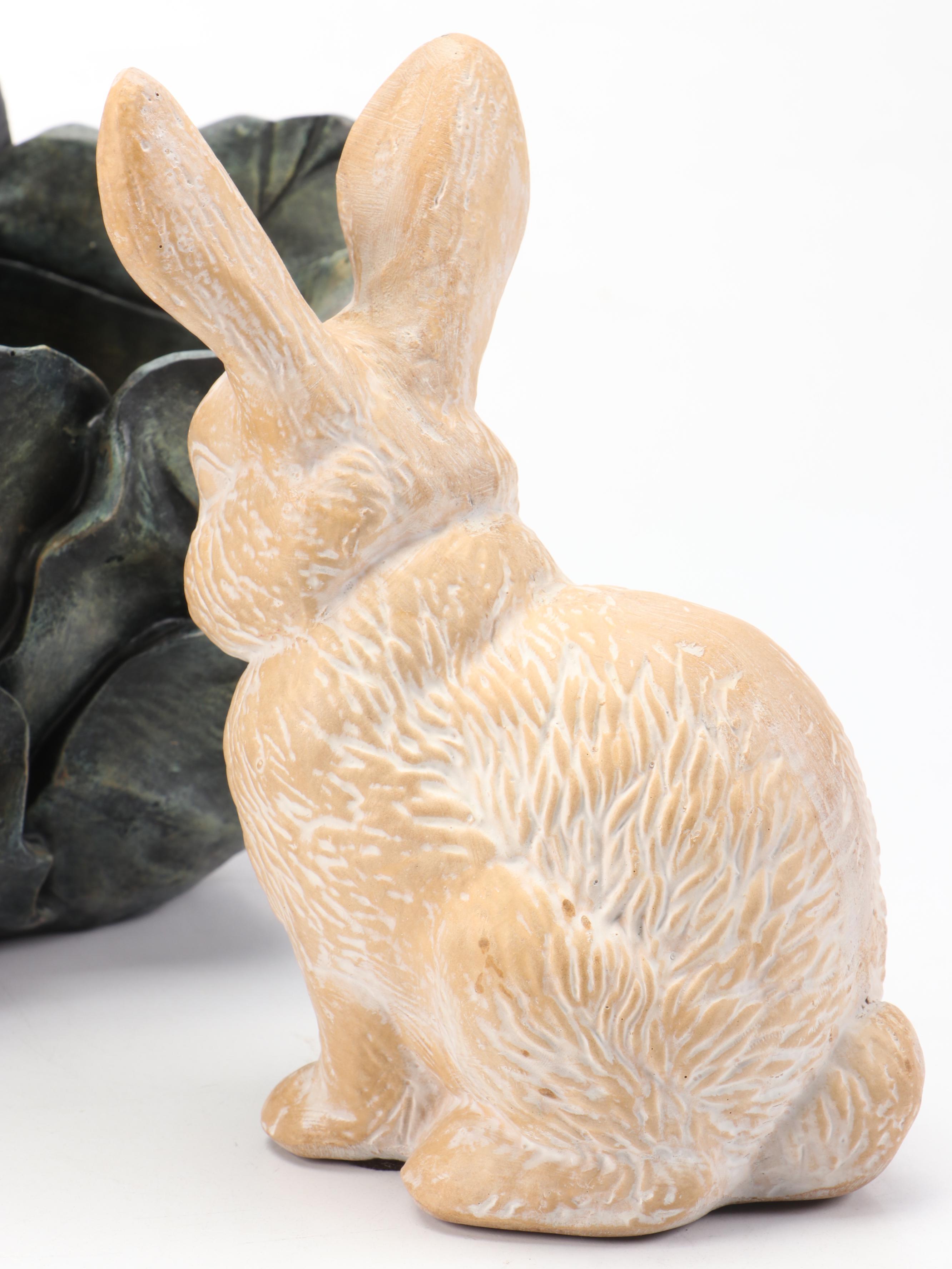 Resin Rabbit and Cabbage Planter with Pair of Ceramic Rabbits