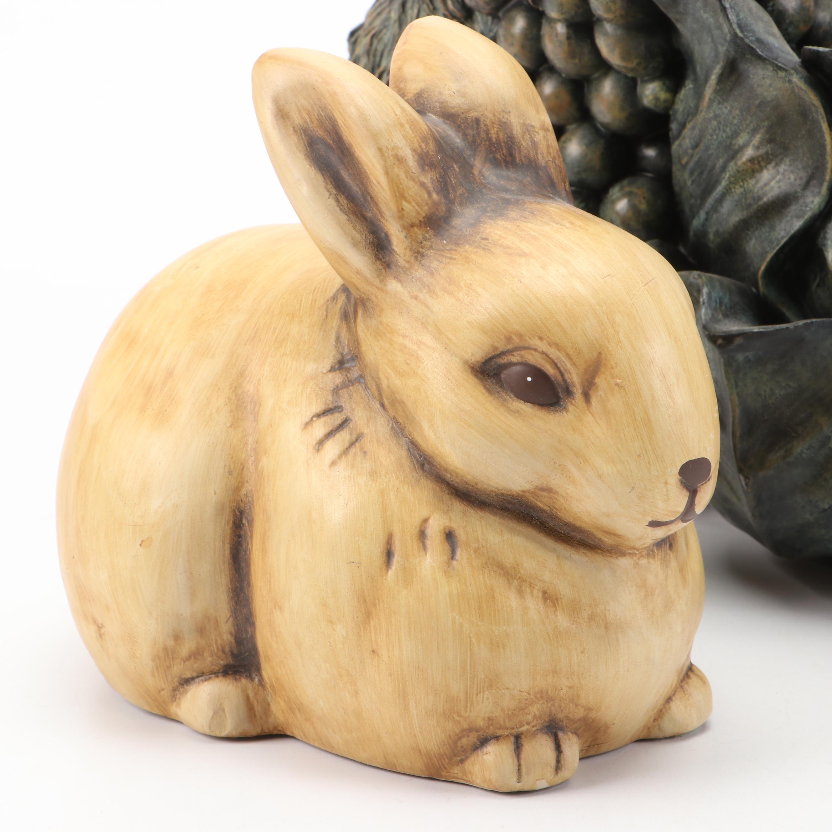 Resin Rabbit and Cabbage Planter with Pair of Ceramic Rabbits