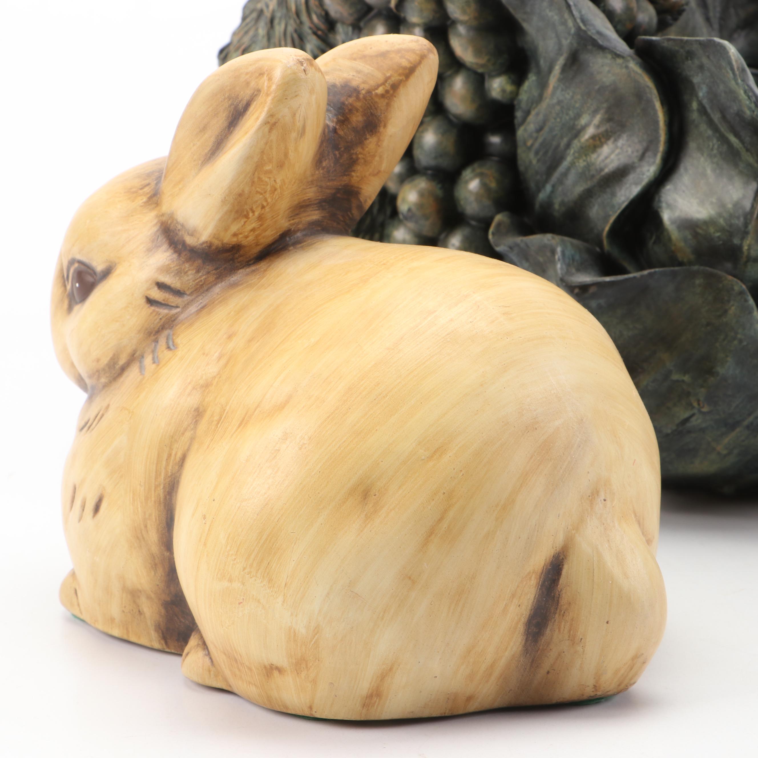 Resin Rabbit and Cabbage Planter with Pair of Ceramic Rabbits
