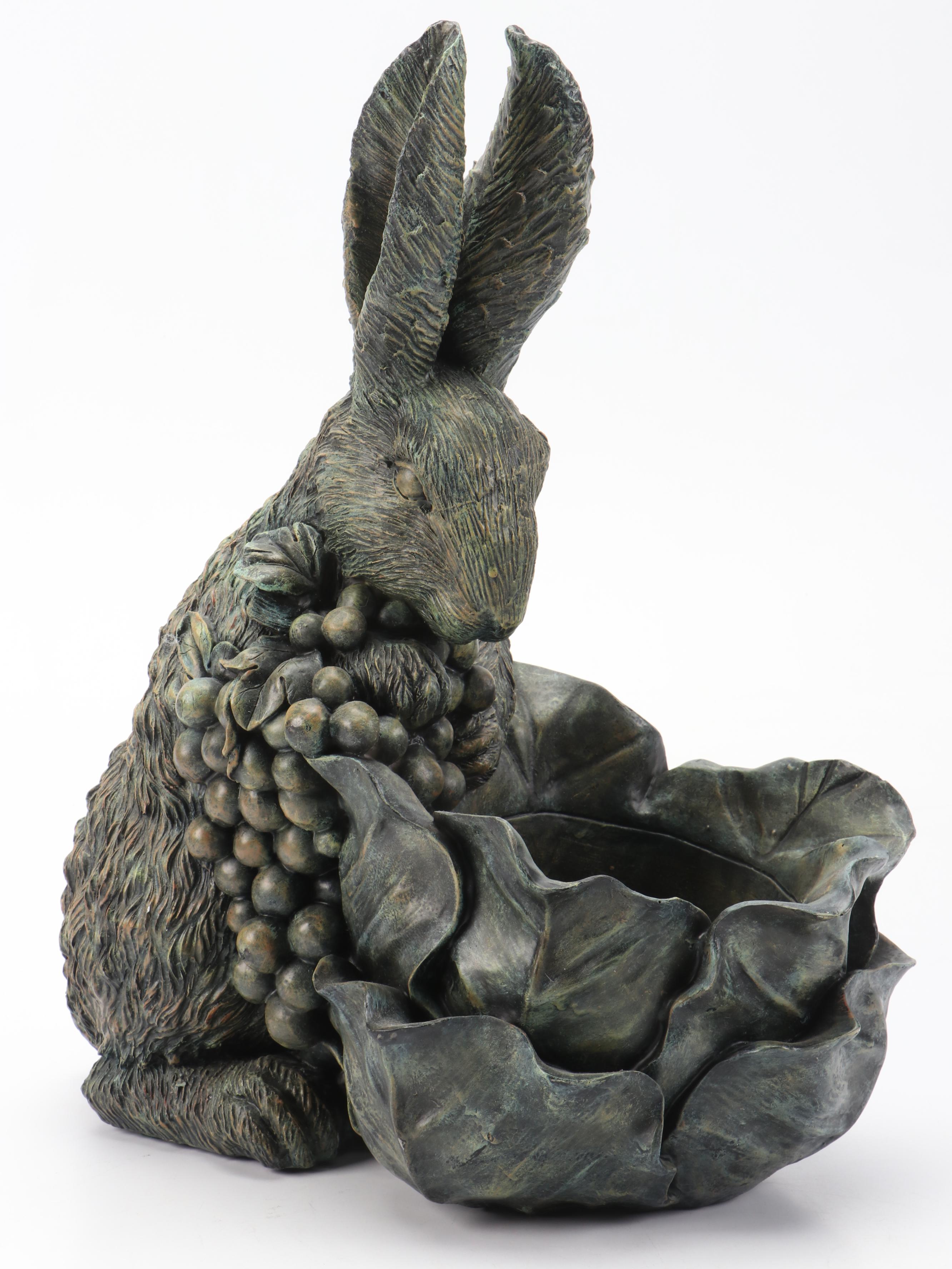 Resin Rabbit and Cabbage Planter with Pair of Ceramic Rabbits