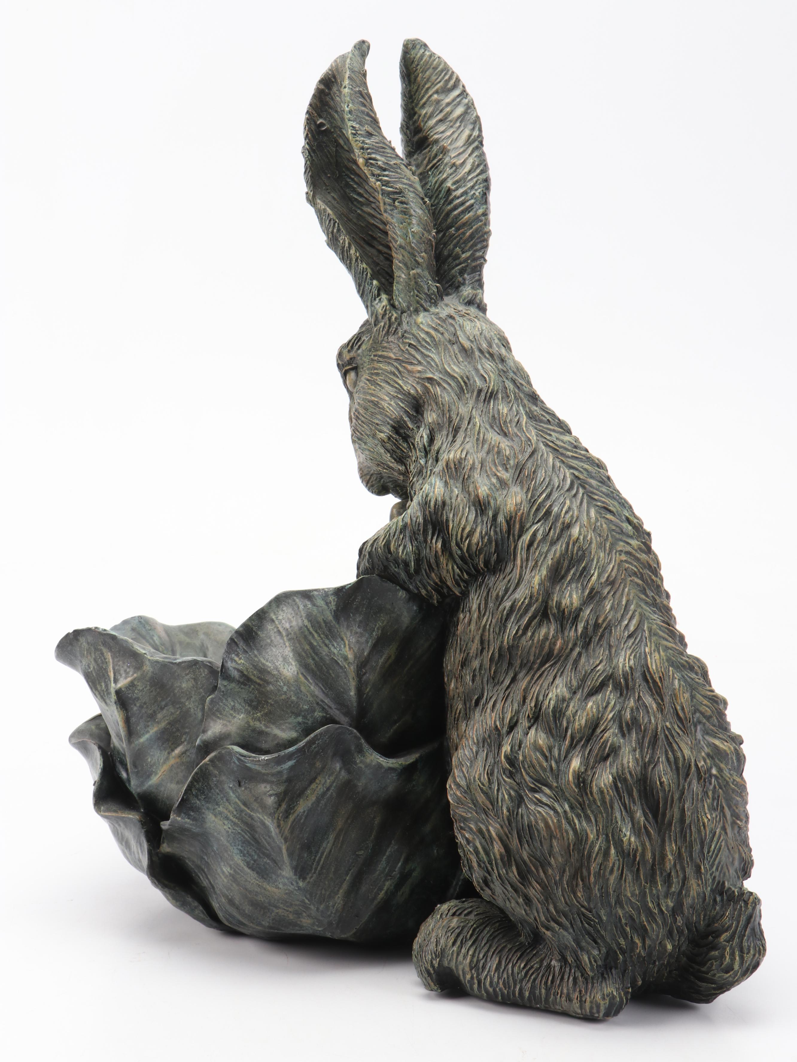 Resin Rabbit and Cabbage Planter with Pair of Ceramic Rabbits