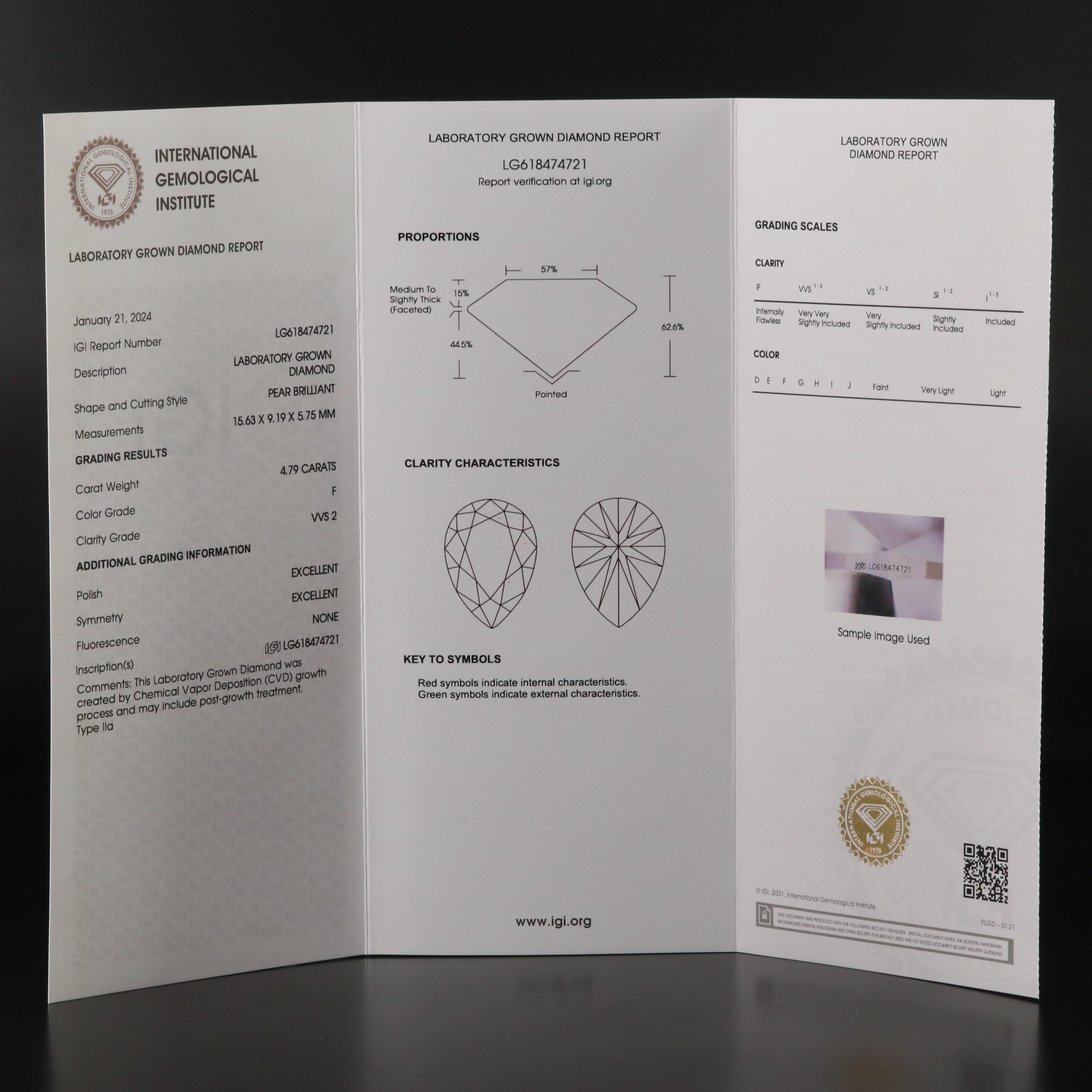 Platinum 4.79 CT Lab Grown Diamond Solitaire Pendant Necklace with IGI Report