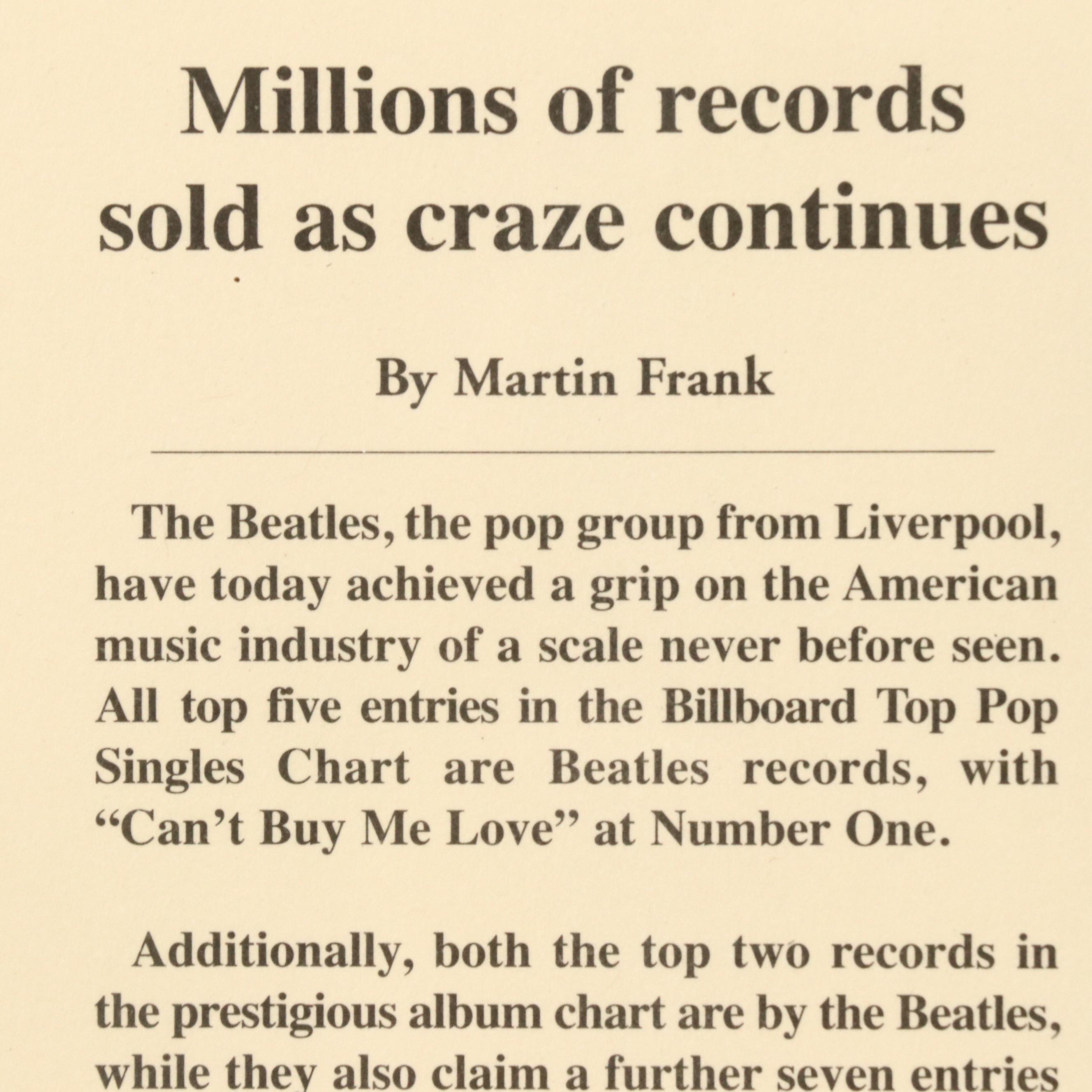Reproduction London Herald "Beatlemania!" Article