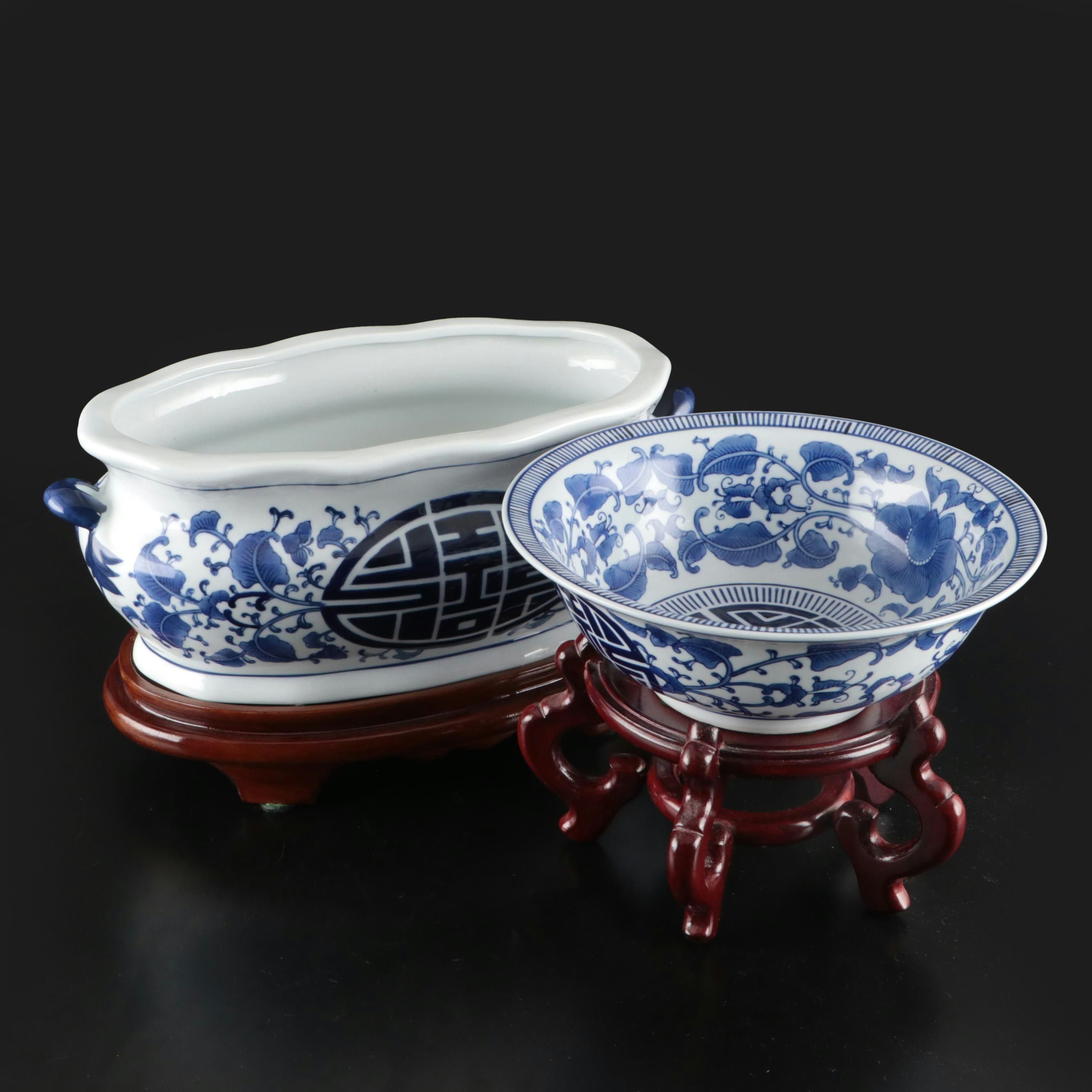 Bombay Blue and White "Double Happiness" Porcelain Planter and Bowl with Stands