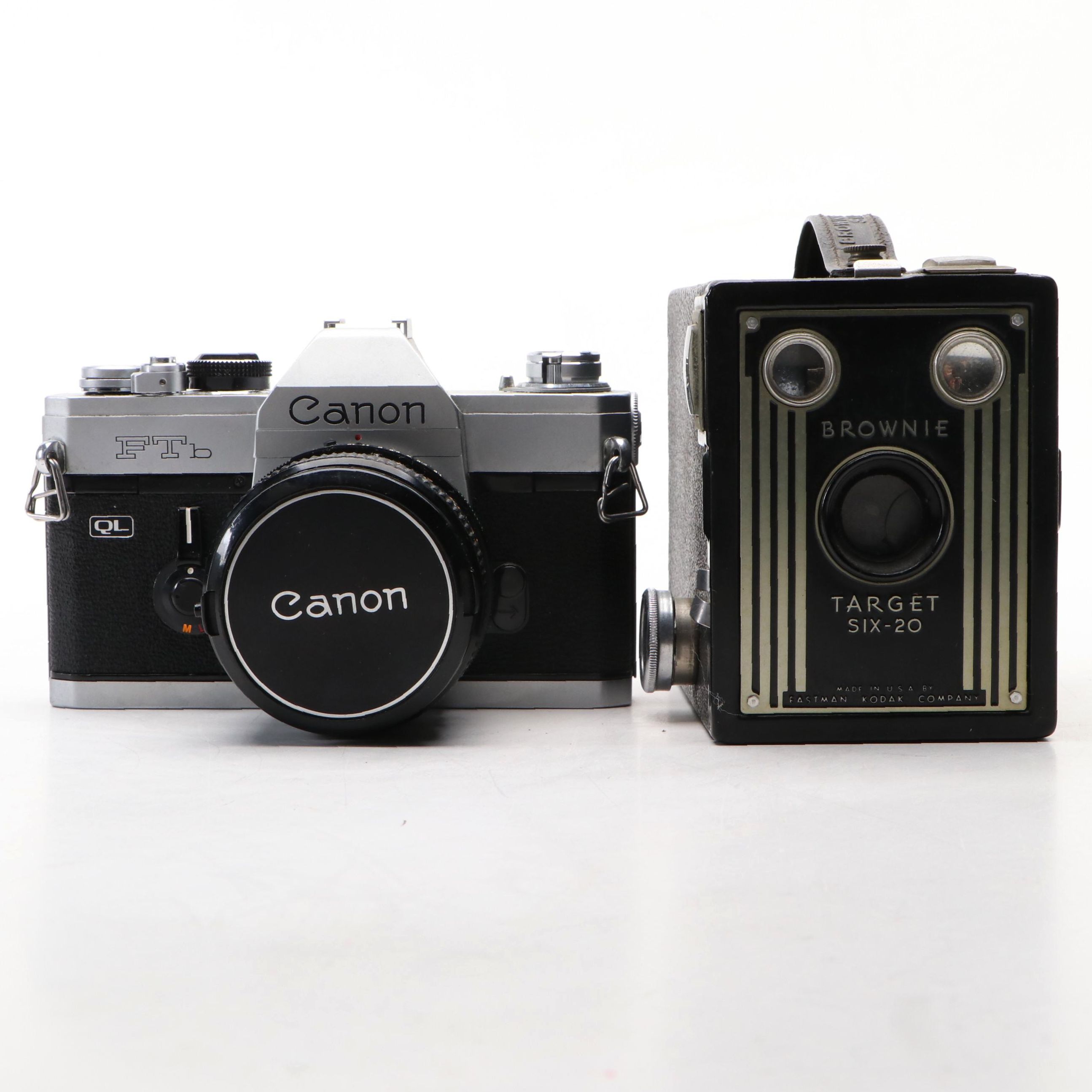 Canon FTb QL SLR and Kodak Target Six-20 Box Camera, Mid to Late 20th Century