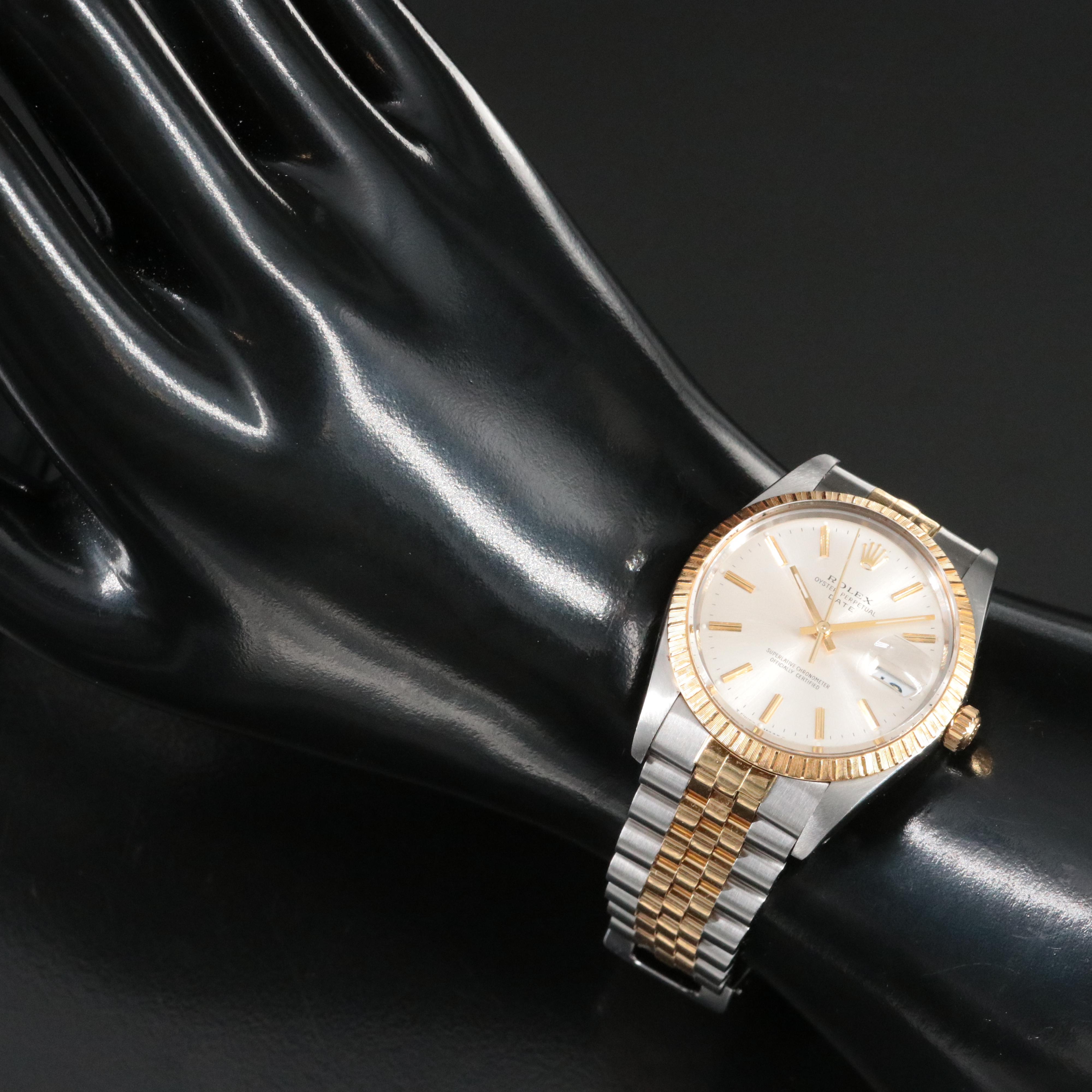 1987-1988 Rolex Oyster Perpetual Date Model 15053 Engine Turned Bezel Watch