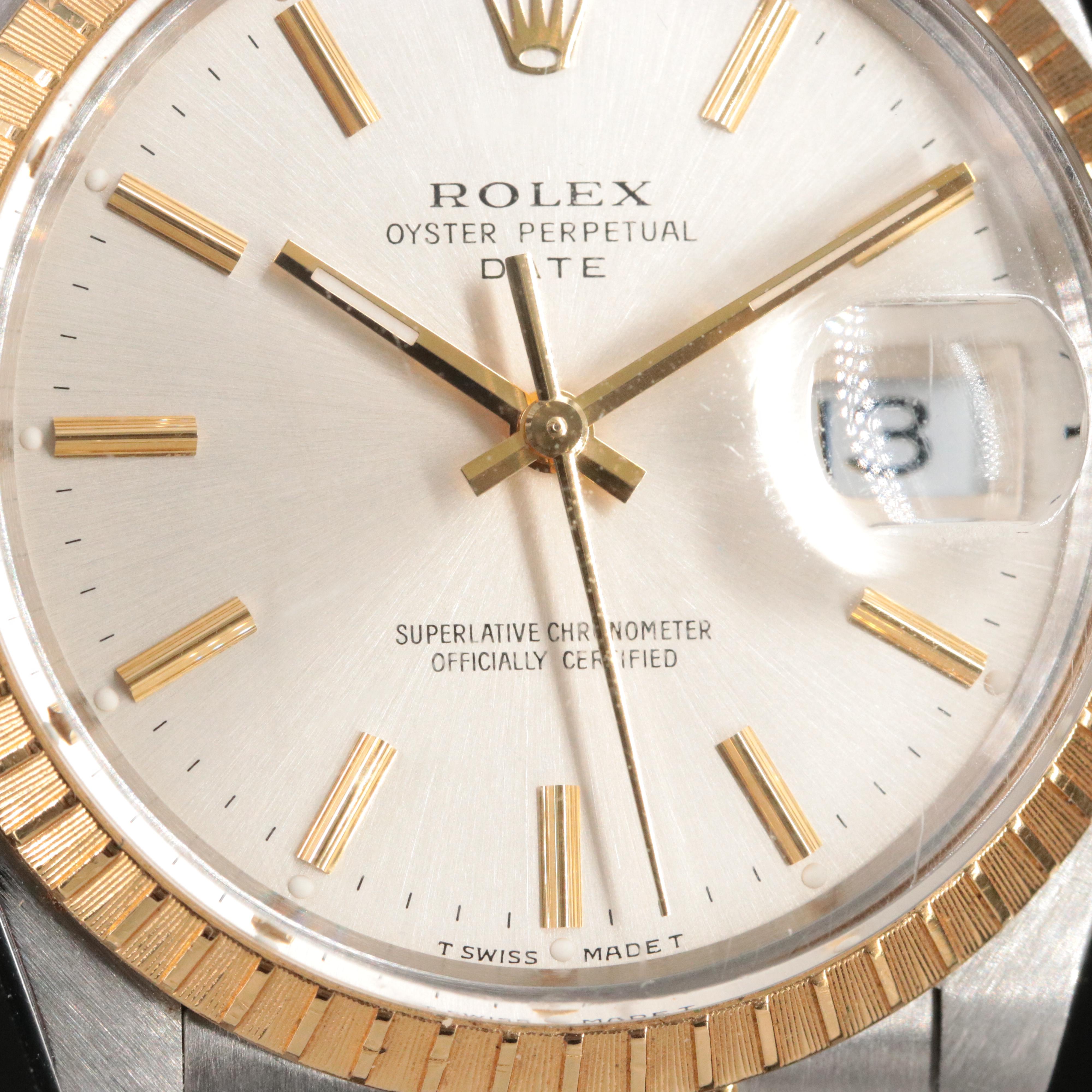 1987-1988 Rolex Oyster Perpetual Date Model 15053 Engine Turned Bezel Watch