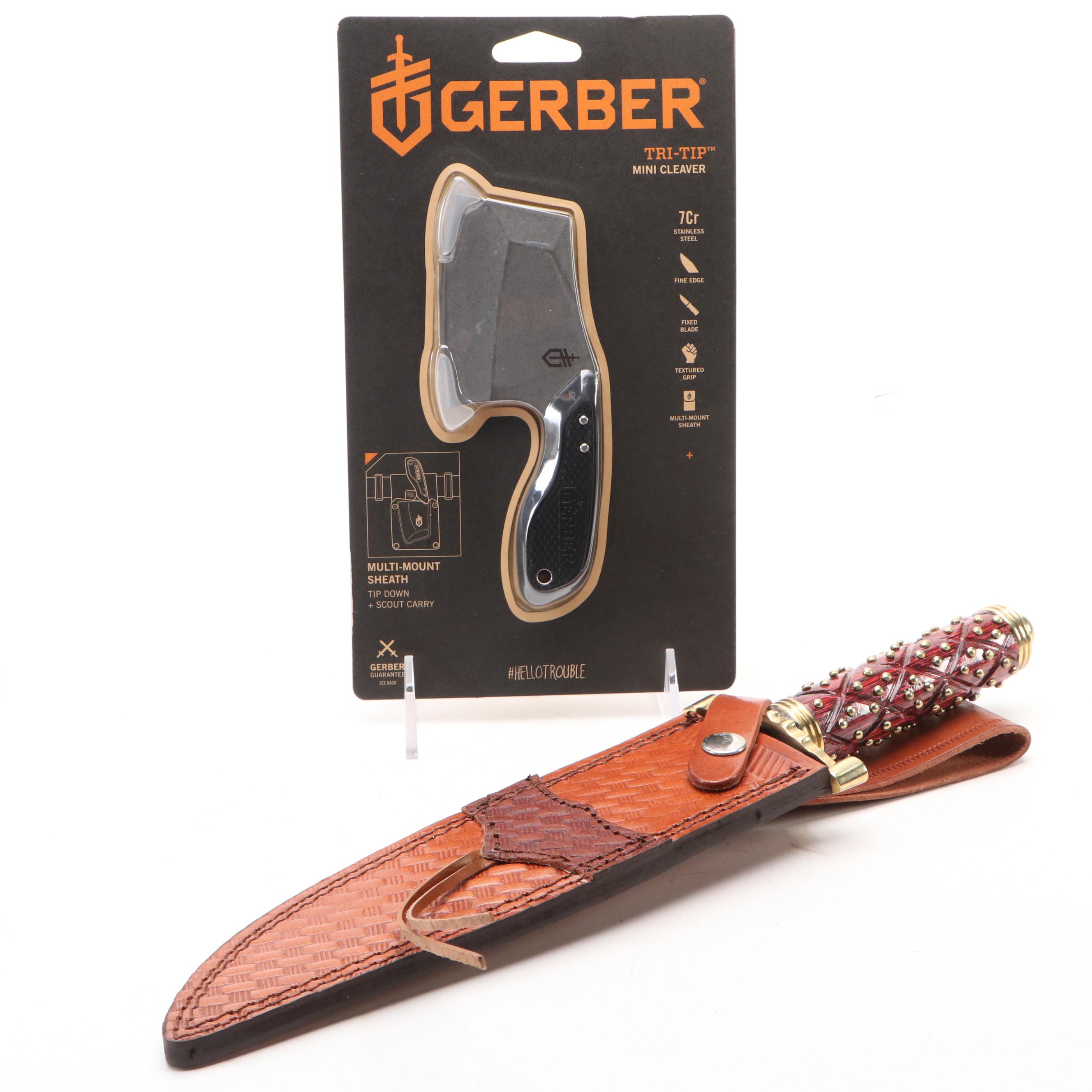 Gerber Tri-Tip Mini Cleaver and American Hunter Studded Bowie Knife in Scabbard