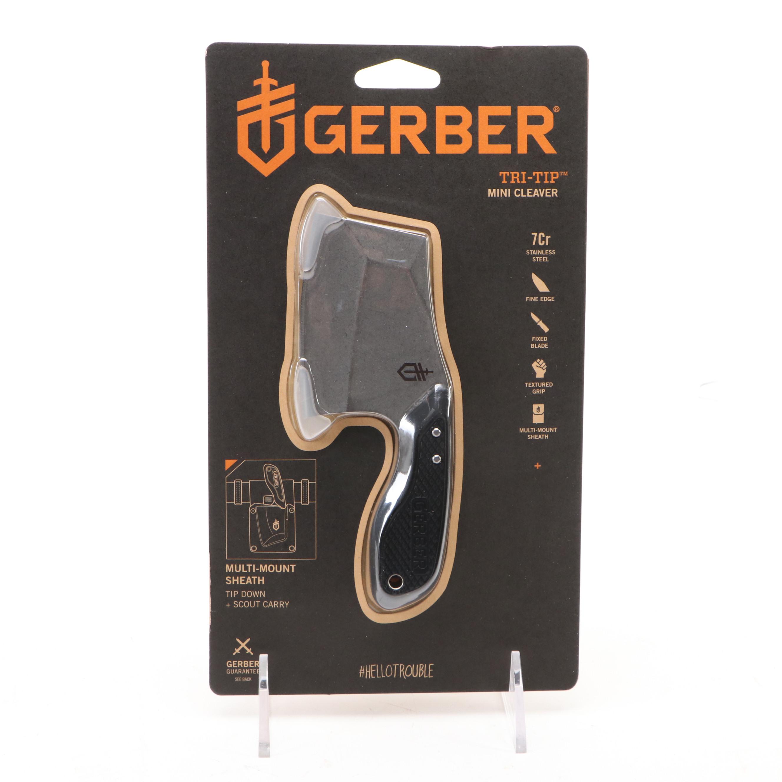 Gerber Tri-Tip Mini Cleaver and American Hunter Studded Bowie Knife in Scabbard