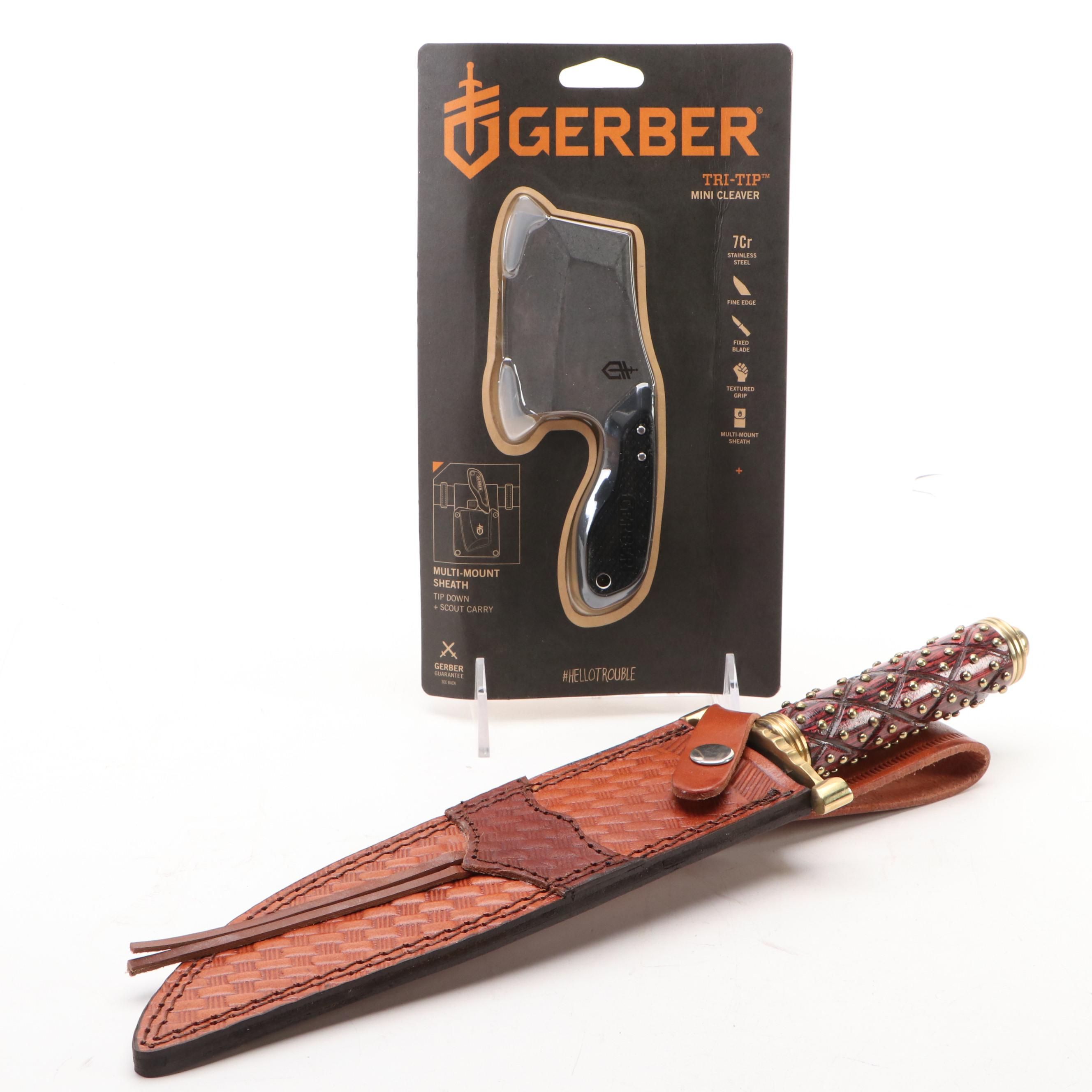 Gerber Tri-Tip Mini Cleaver and American Hunter Studded Bowie Knife in Scabbard