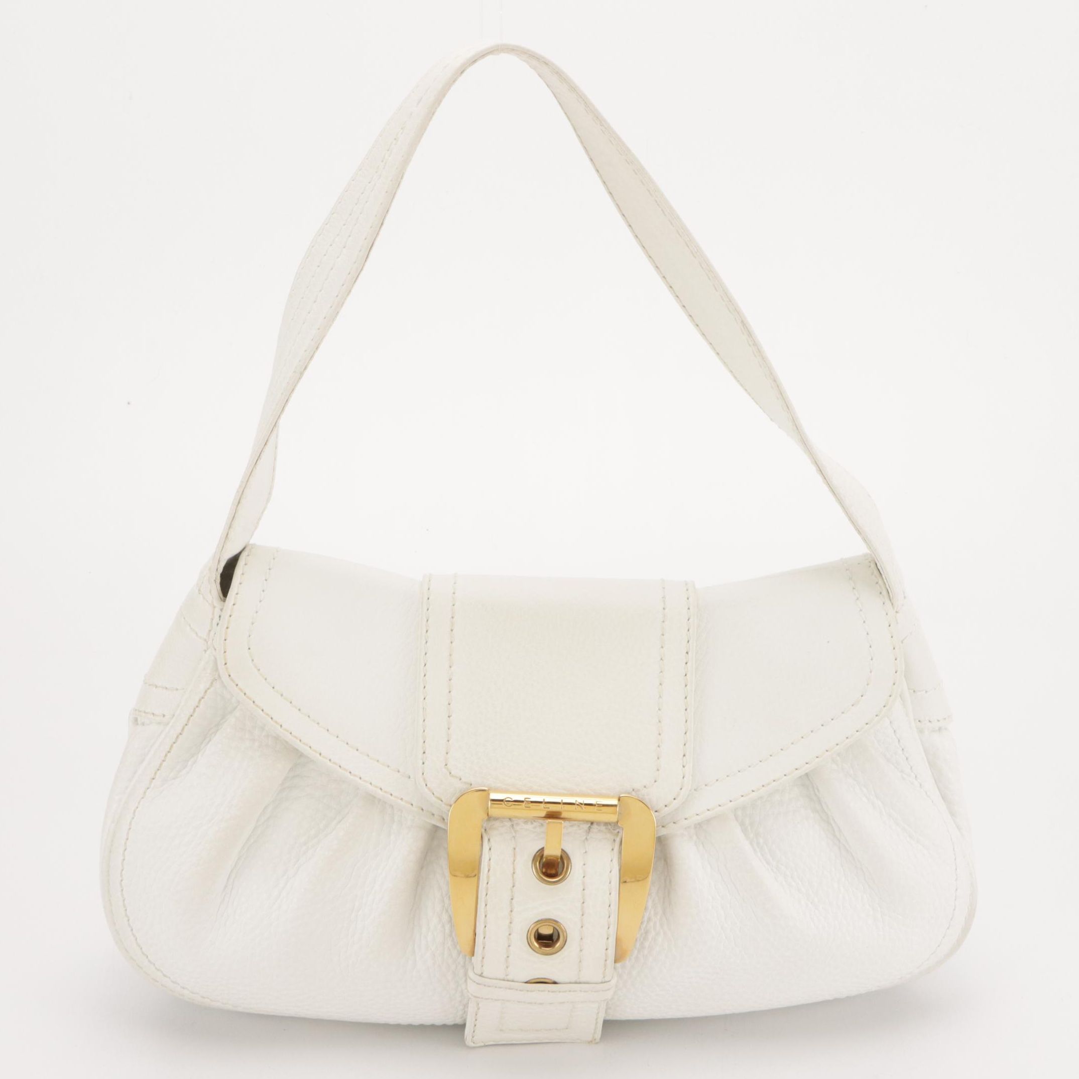 Celine Buckle-Flap Shoulder Bag in White Grained Leather