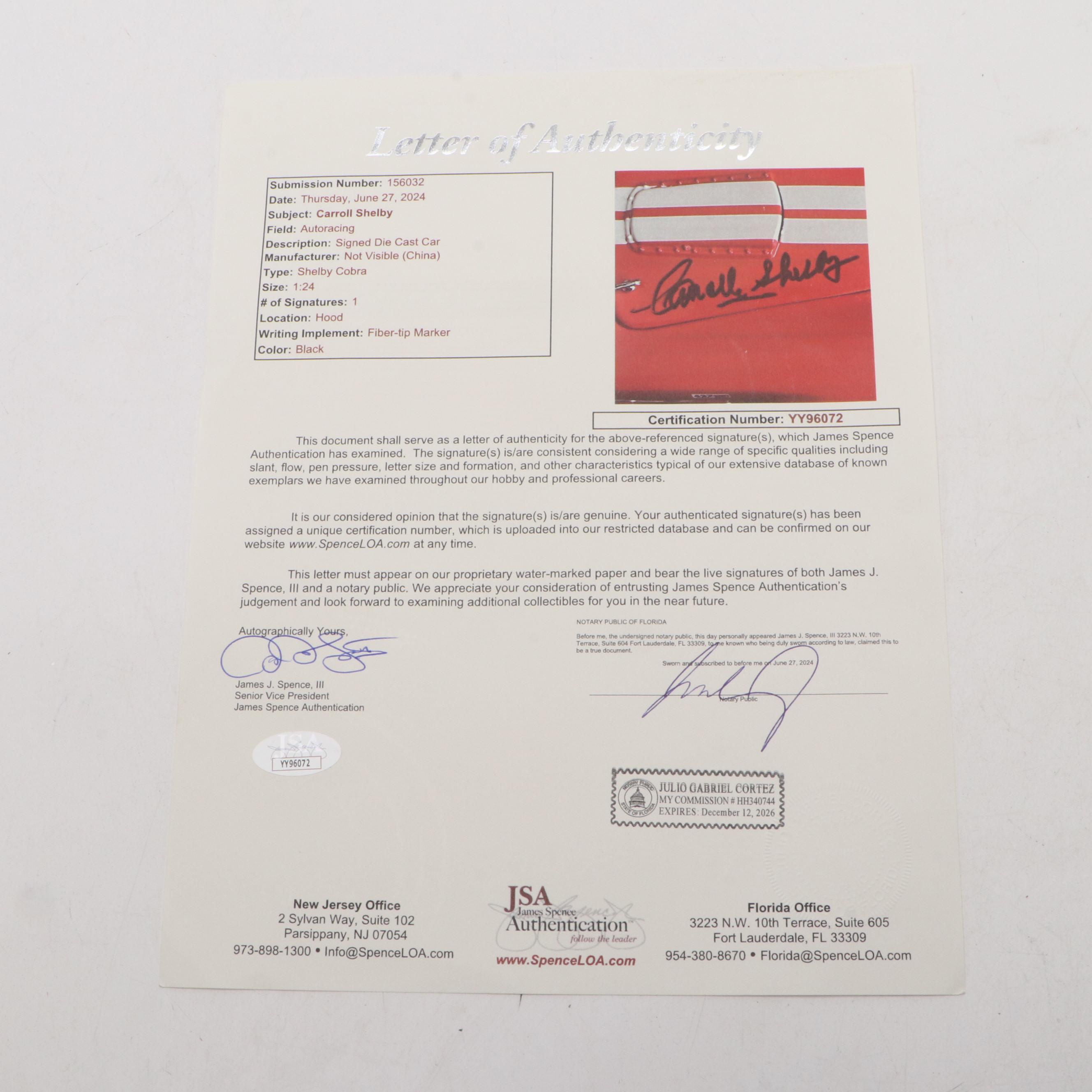 Carroll Shelby Signed Shelby Cobra Diecast Model Car, JSA