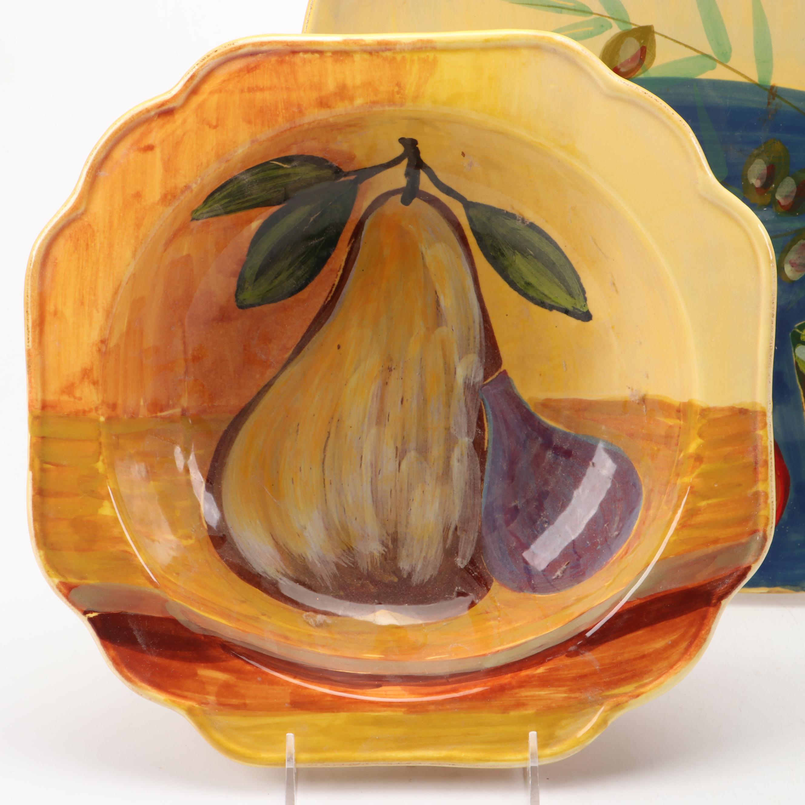 Vietri Ceramic Serving Bowl, Salad Plates and Wall Plate with Pear Motif