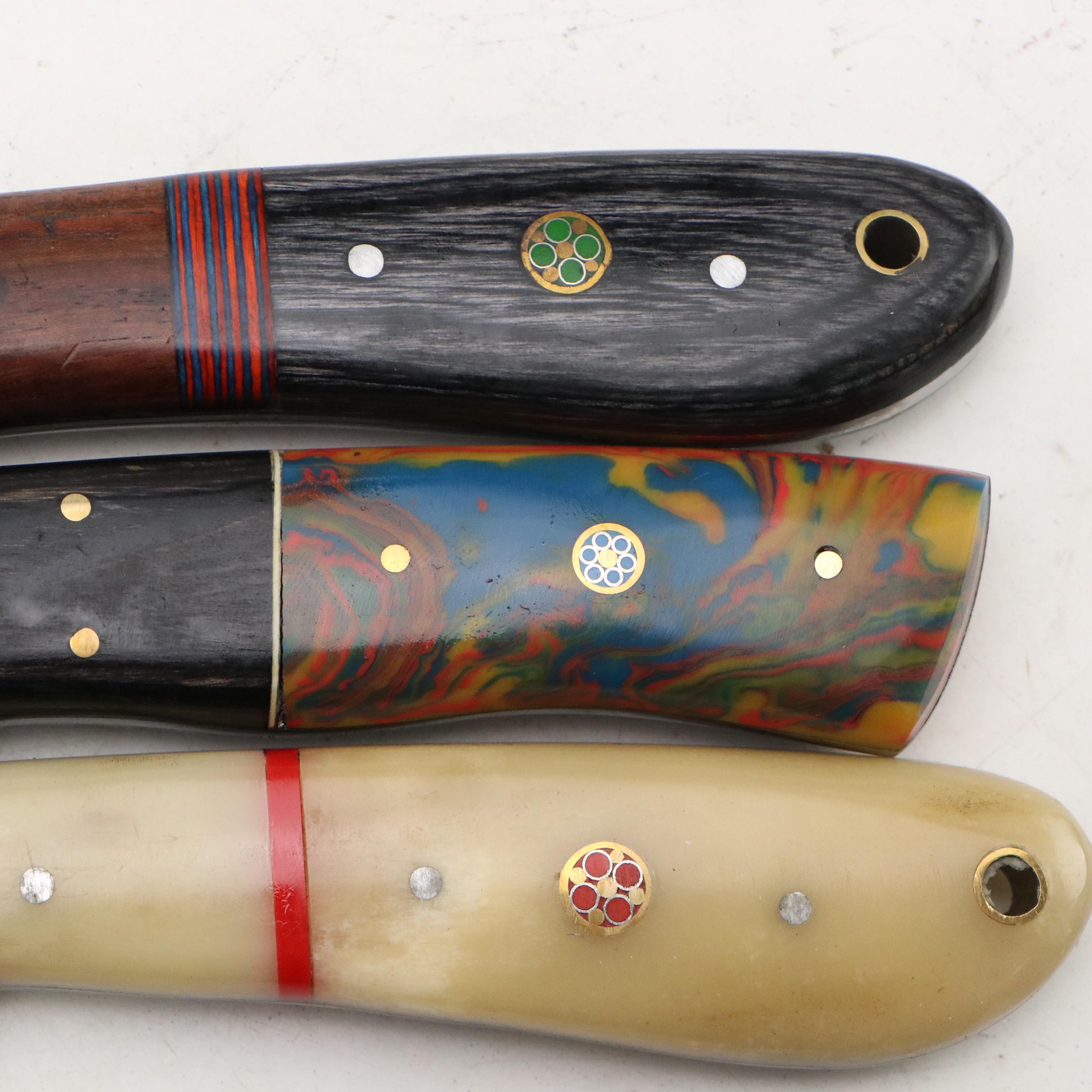 Damascus Steel Hunting and Skinner Knives in Leather Scabbards
