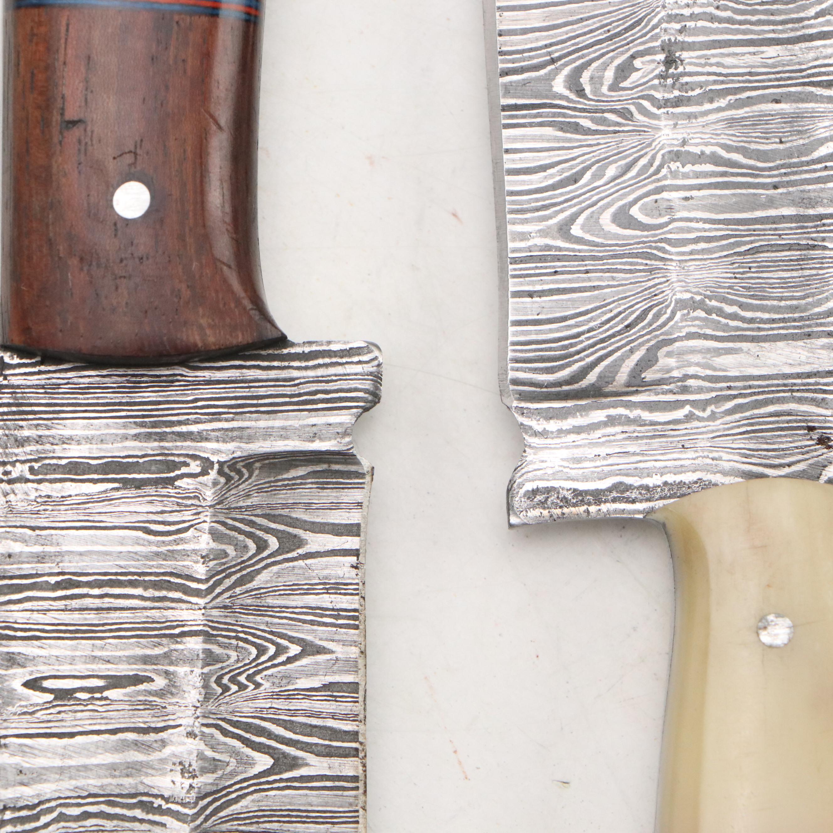 Damascus Steel Hunting and Skinner Knives in Leather Scabbards