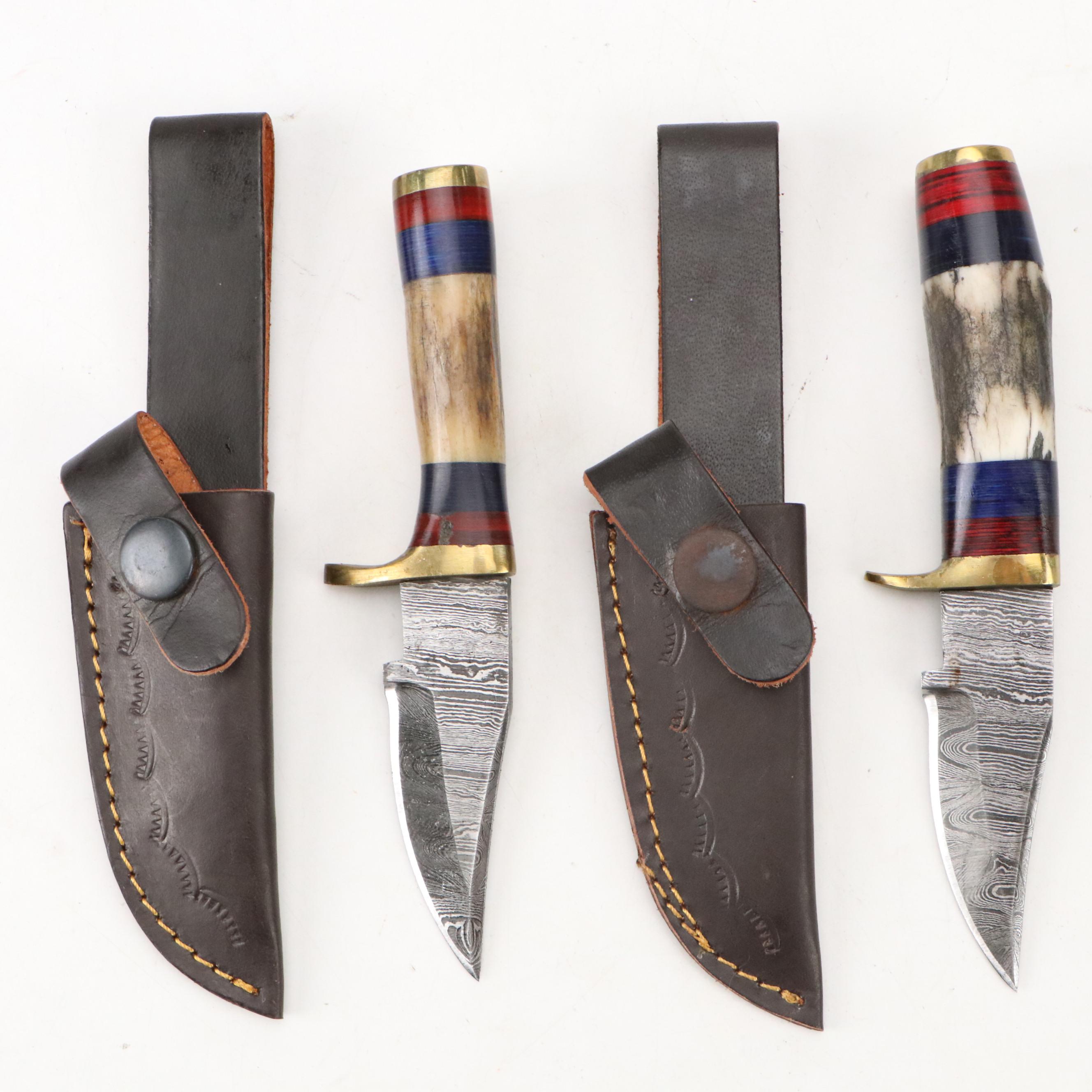 Damascus Steel Hunting and Skinner Knives in Leather Scabbards