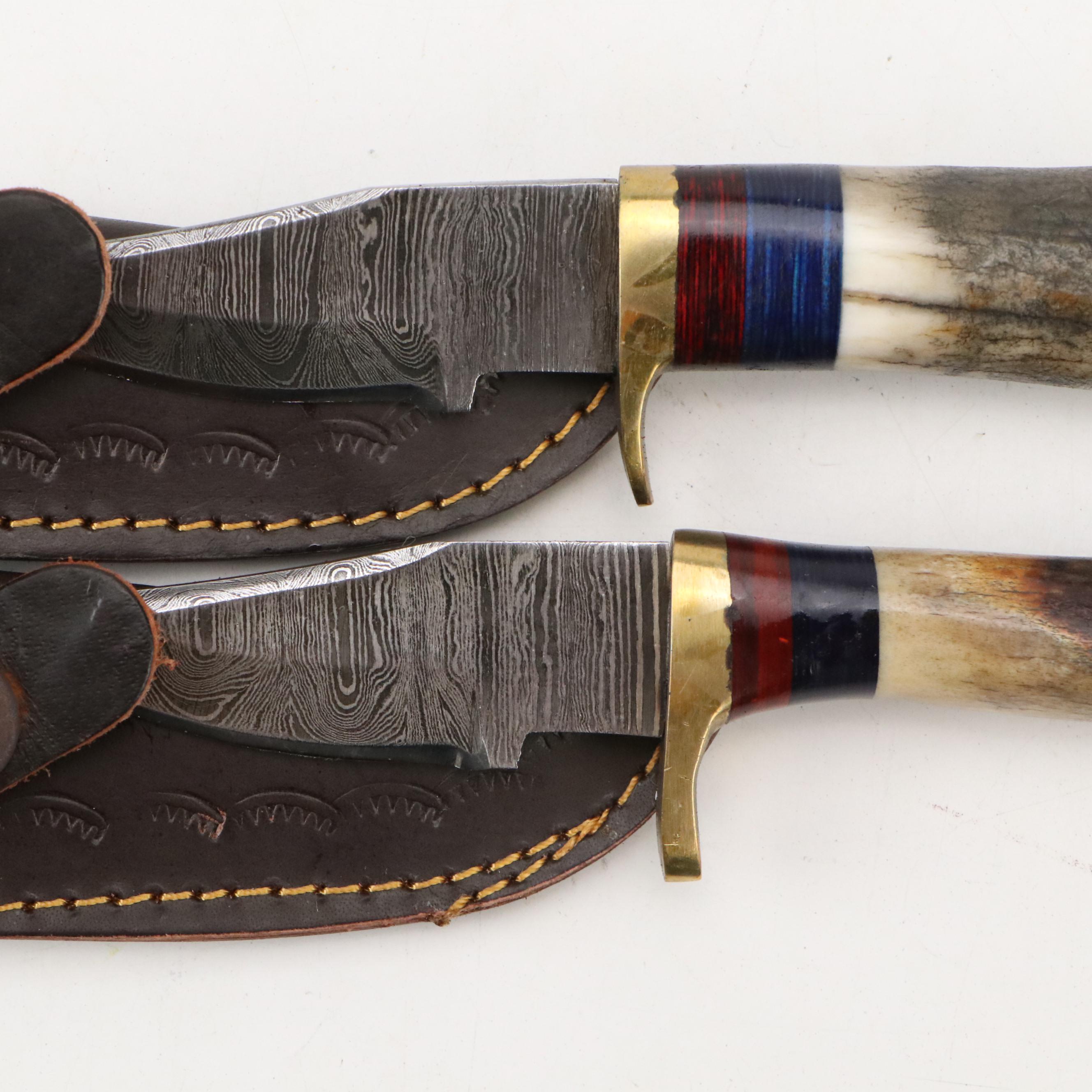 Damascus Steel Hunting and Skinner Knives in Leather Scabbards