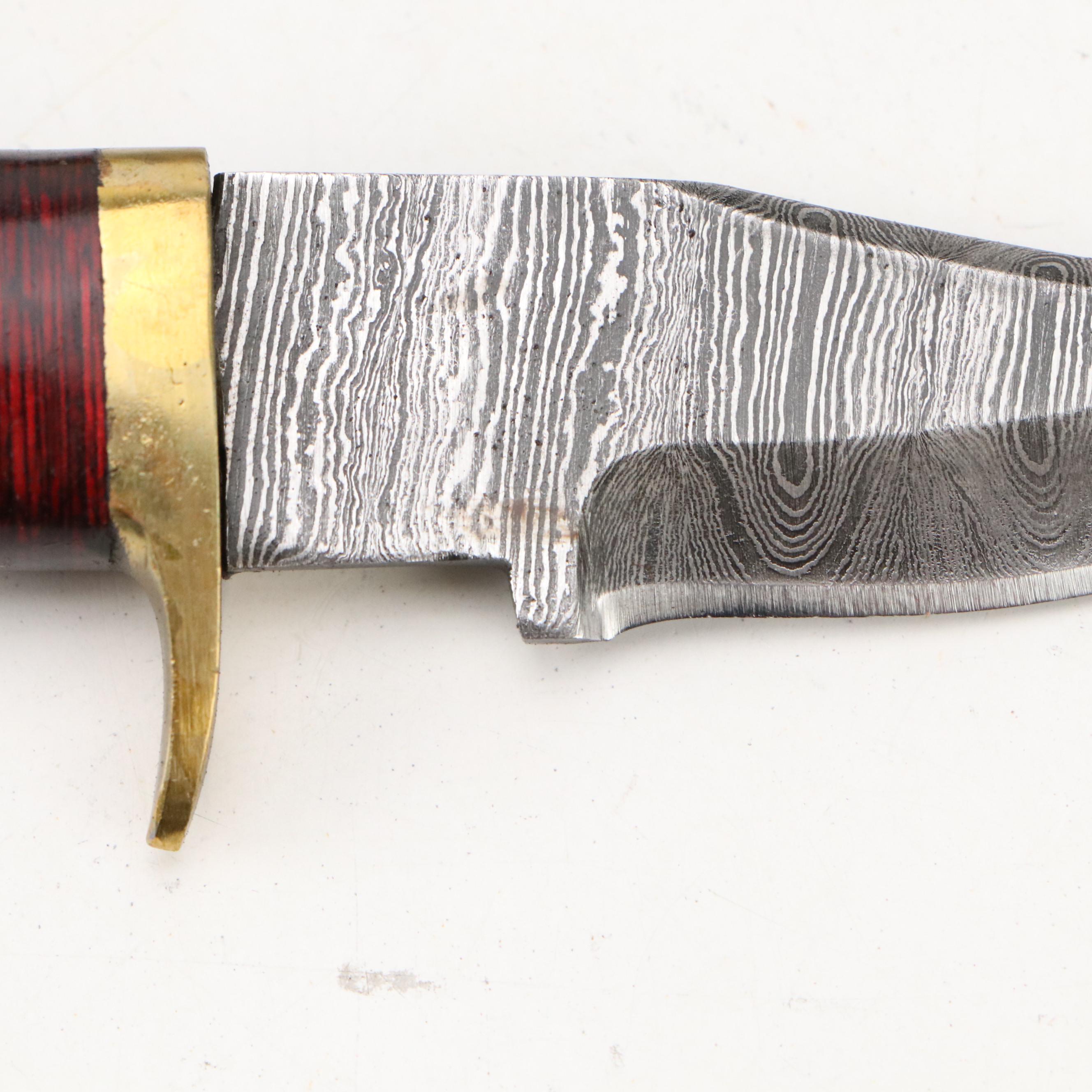 Damascus Steel Hunting and Skinner Knives in Leather Scabbards