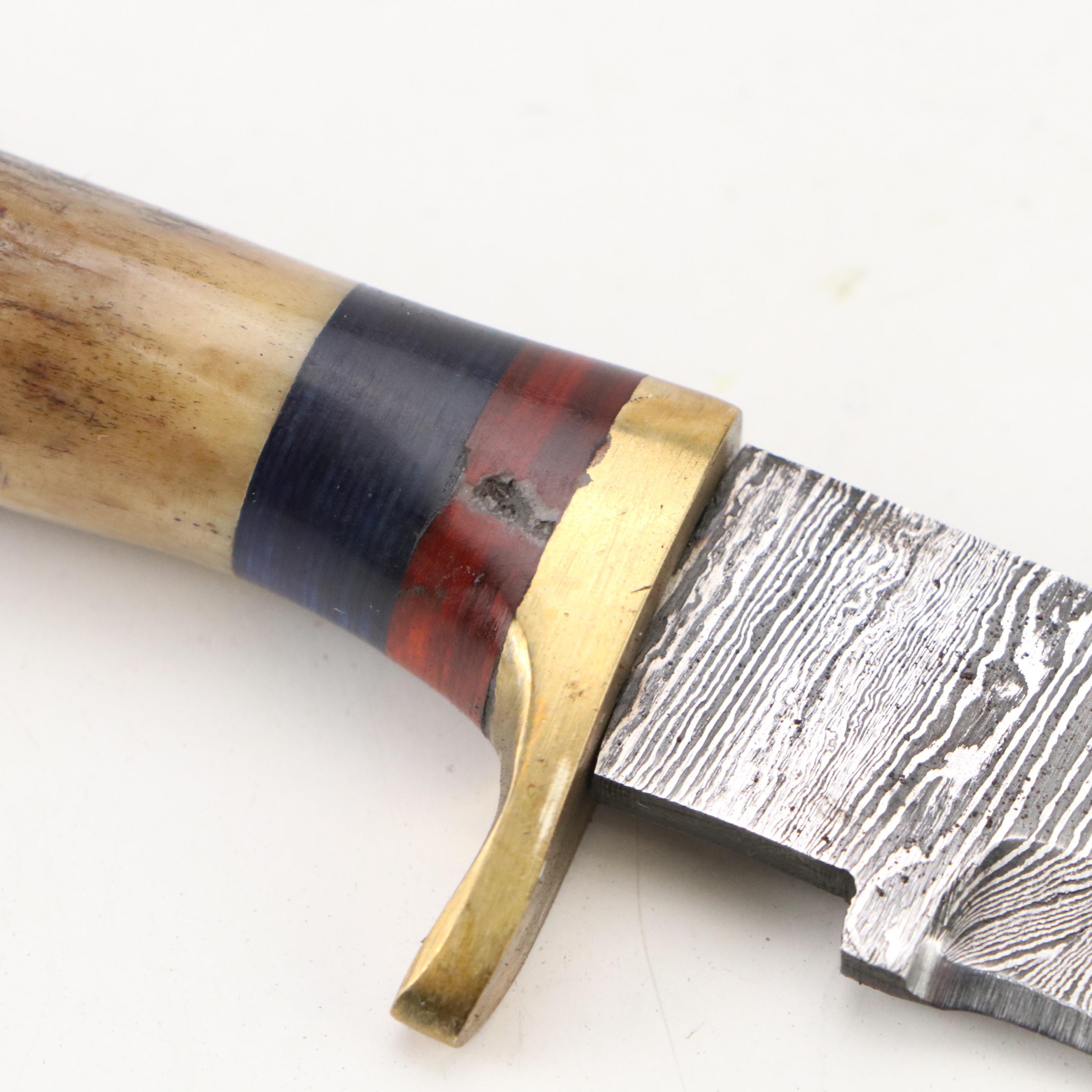 Damascus Steel Hunting and Skinner Knives in Leather Scabbards