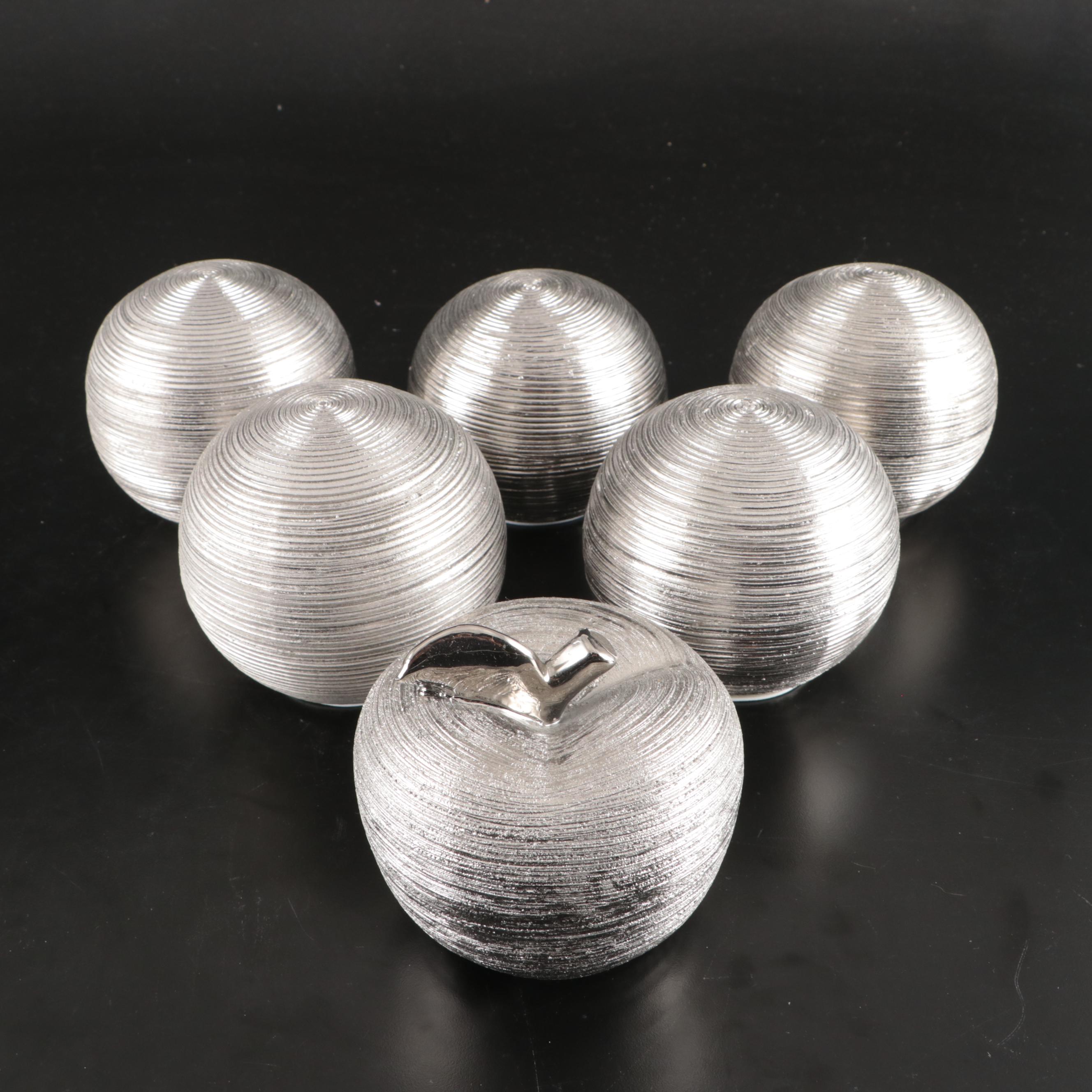 At Home Silvered Ceramic Apple, Pear and Orbs with Glass Centerpiece Bowl