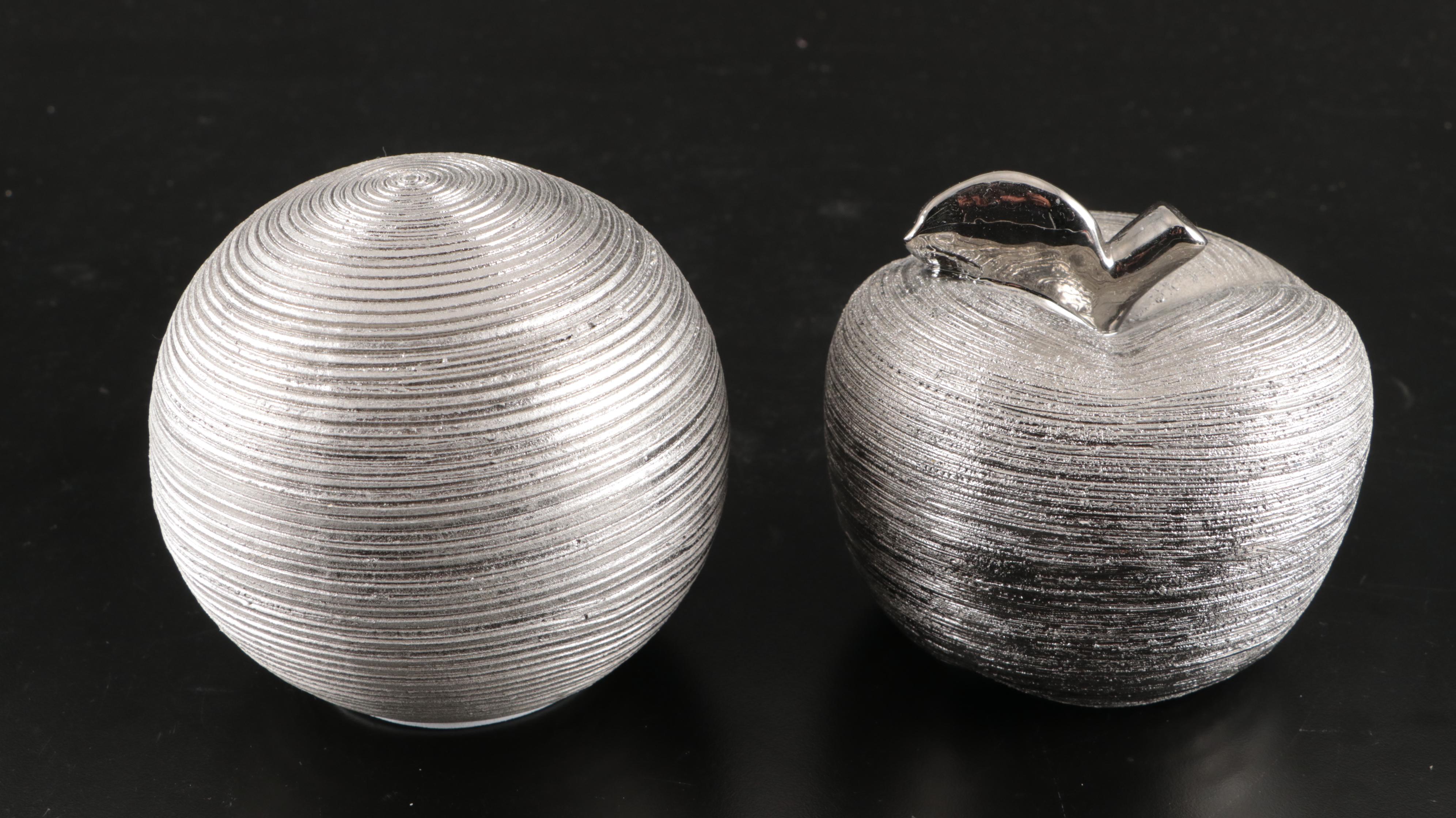 At Home Silvered Ceramic Apple, Pear and Orbs with Glass Centerpiece Bowl