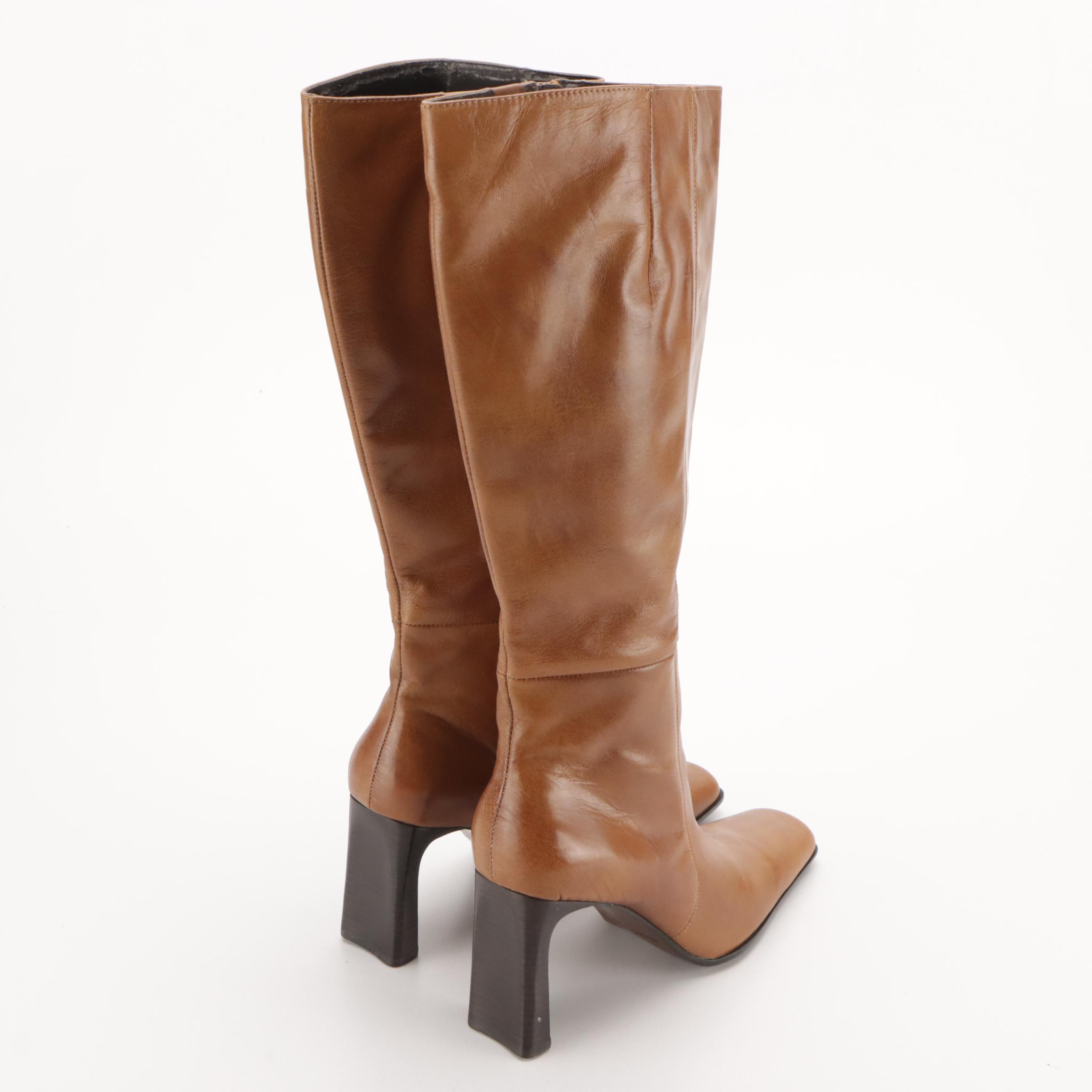 Maripé "Donna" Square-Toe Heeled Boots in Caramel Brown Leather