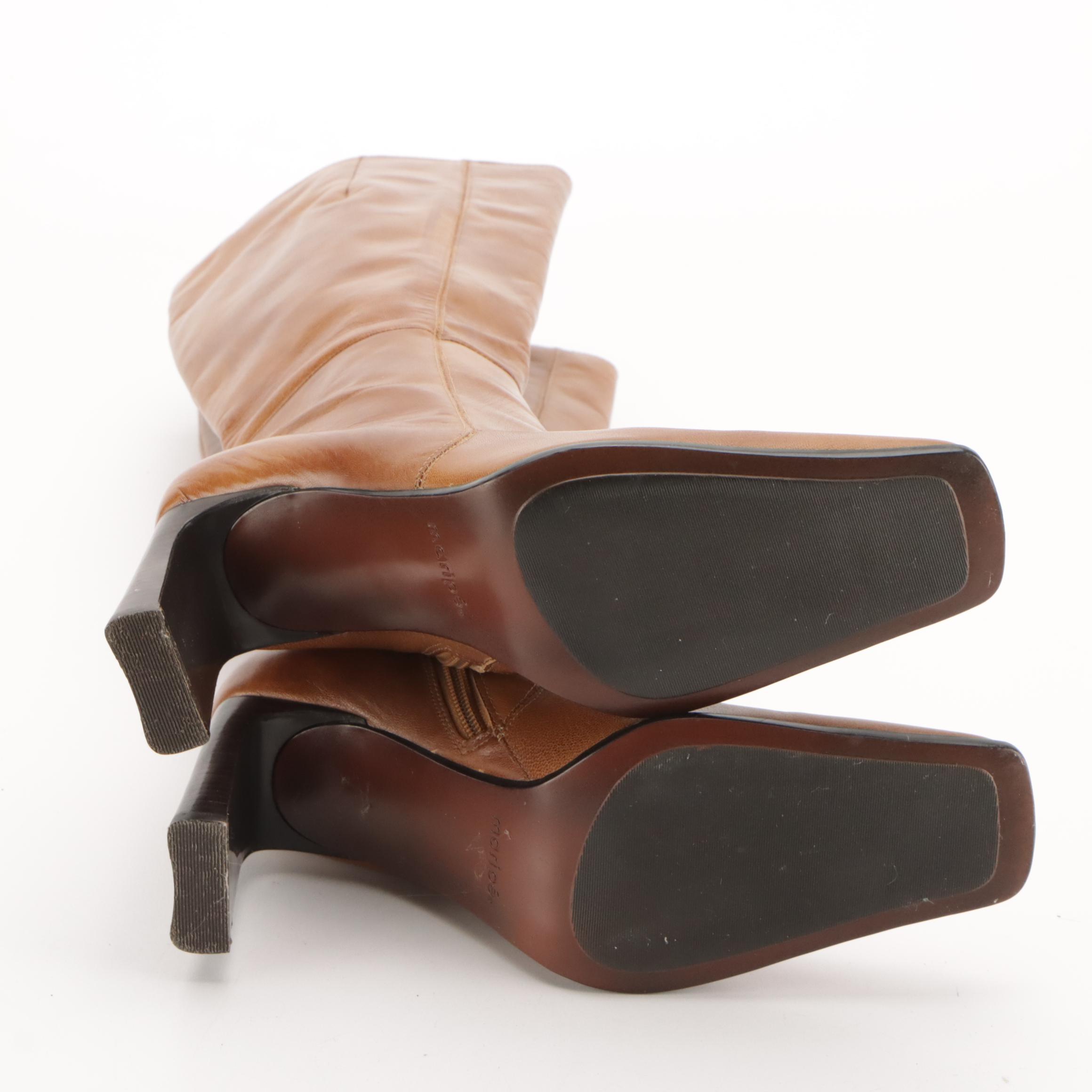 Maripé "Donna" Square-Toe Heeled Boots in Caramel Brown Leather