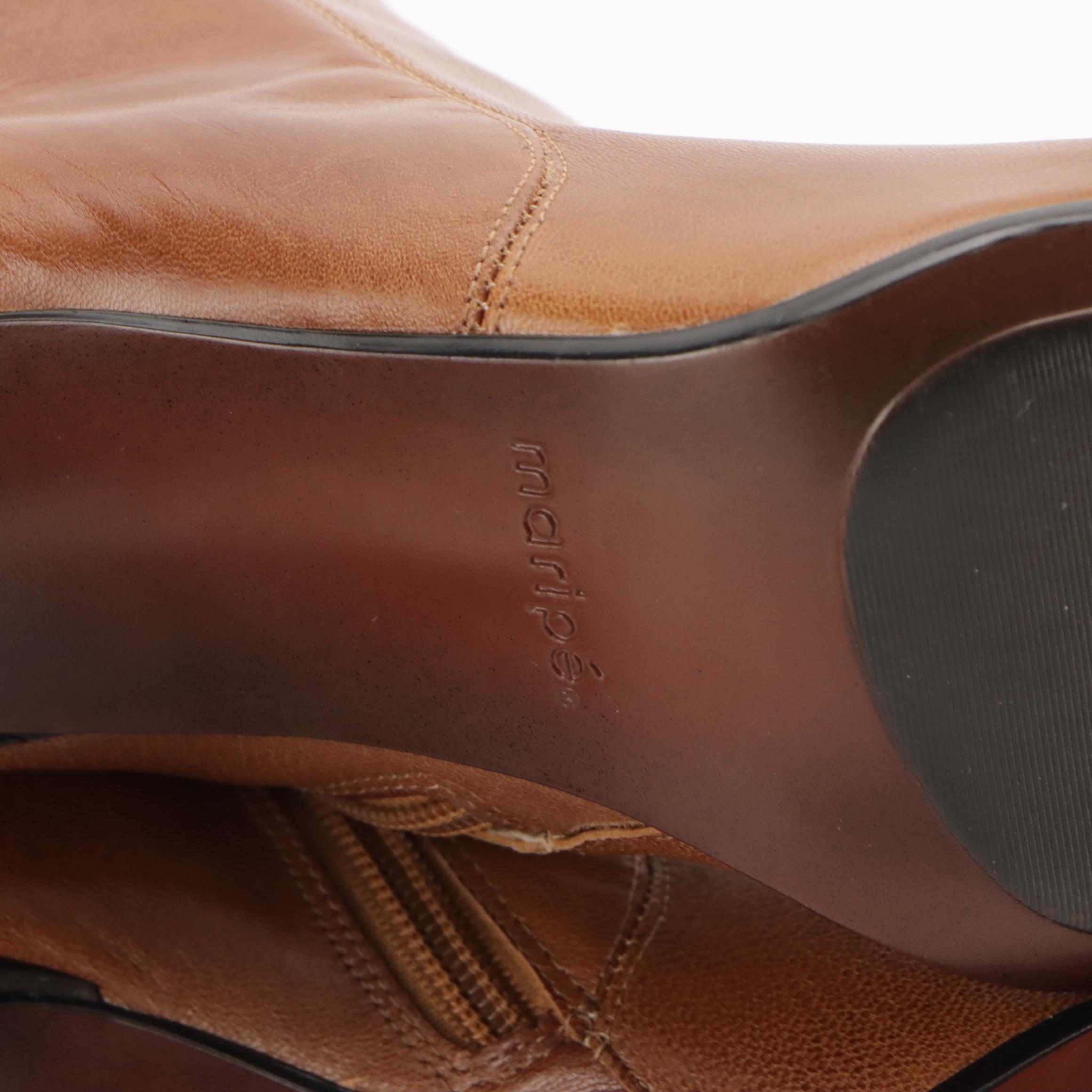 Maripé "Donna" Square-Toe Heeled Boots in Caramel Brown Leather