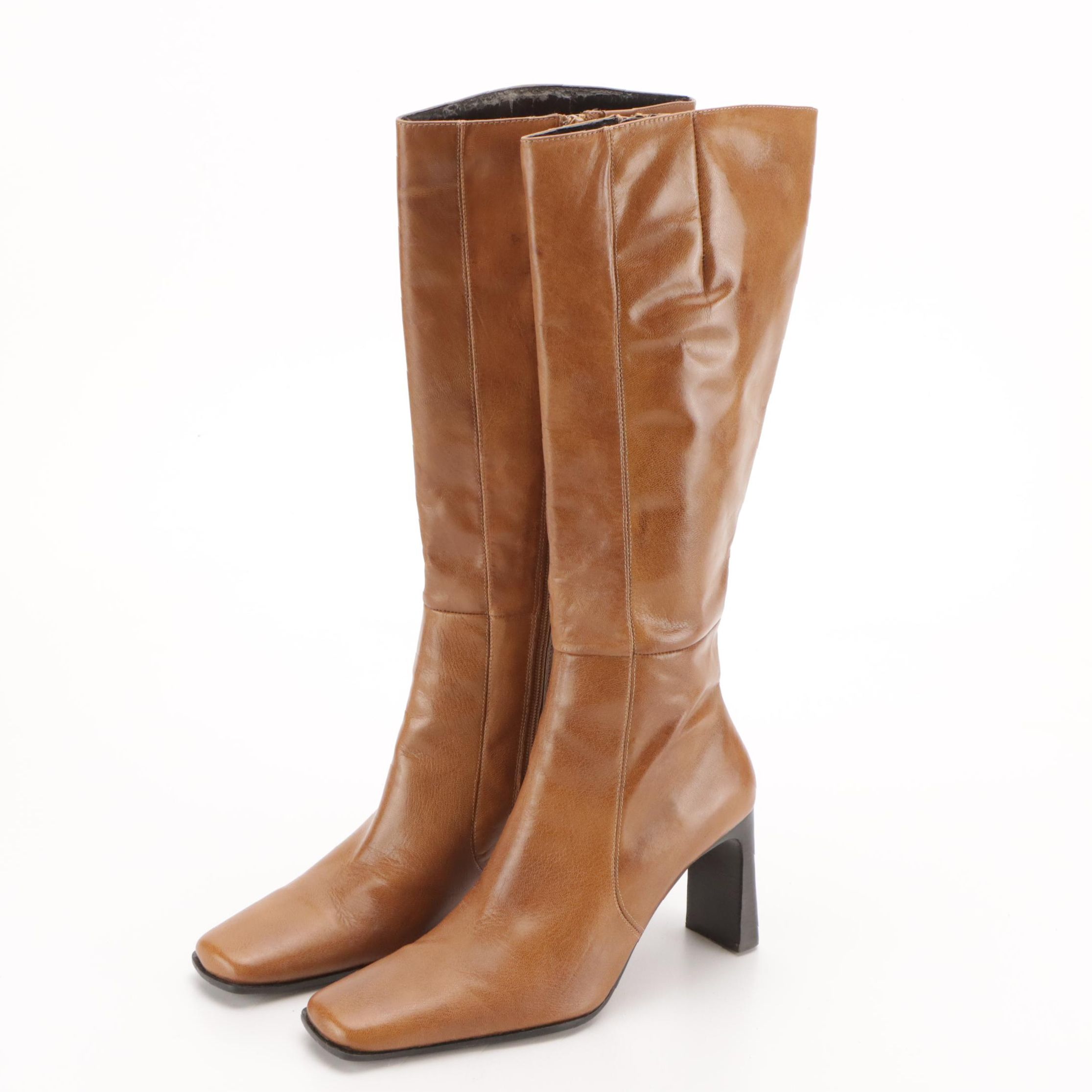 Maripé "Donna" Square-Toe Heeled Boots in Caramel Brown Leather