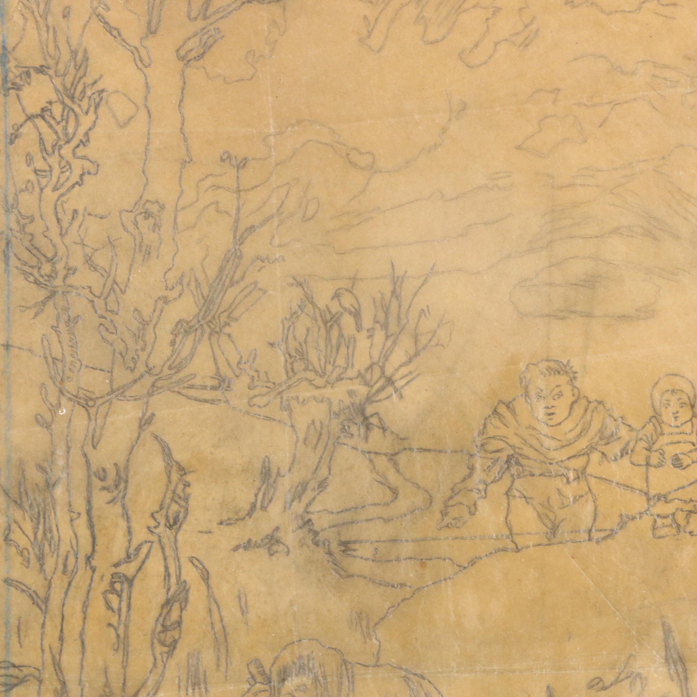 Graphite Drawing of Figures in Forest Scene