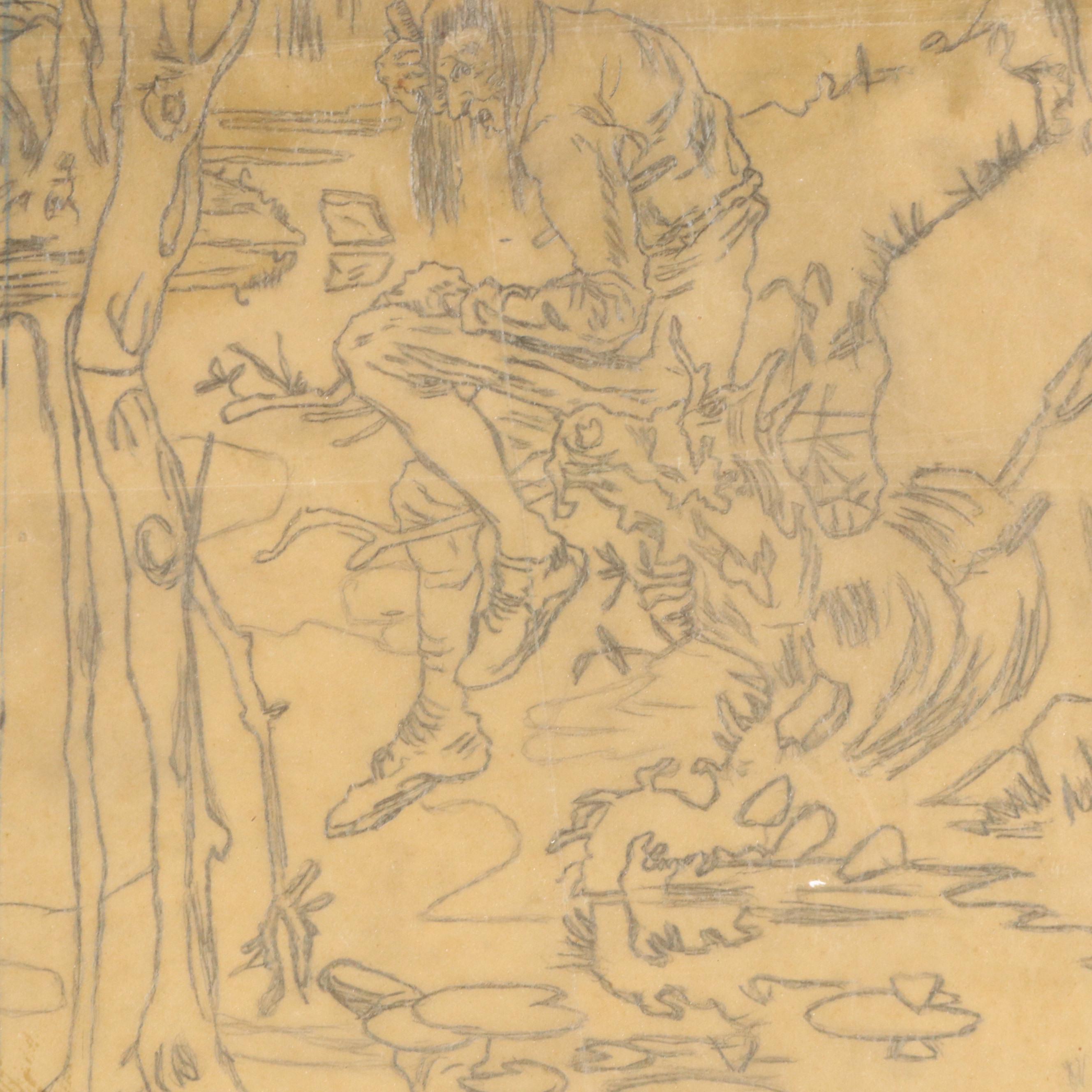 Graphite Drawing of Figures in Forest Scene