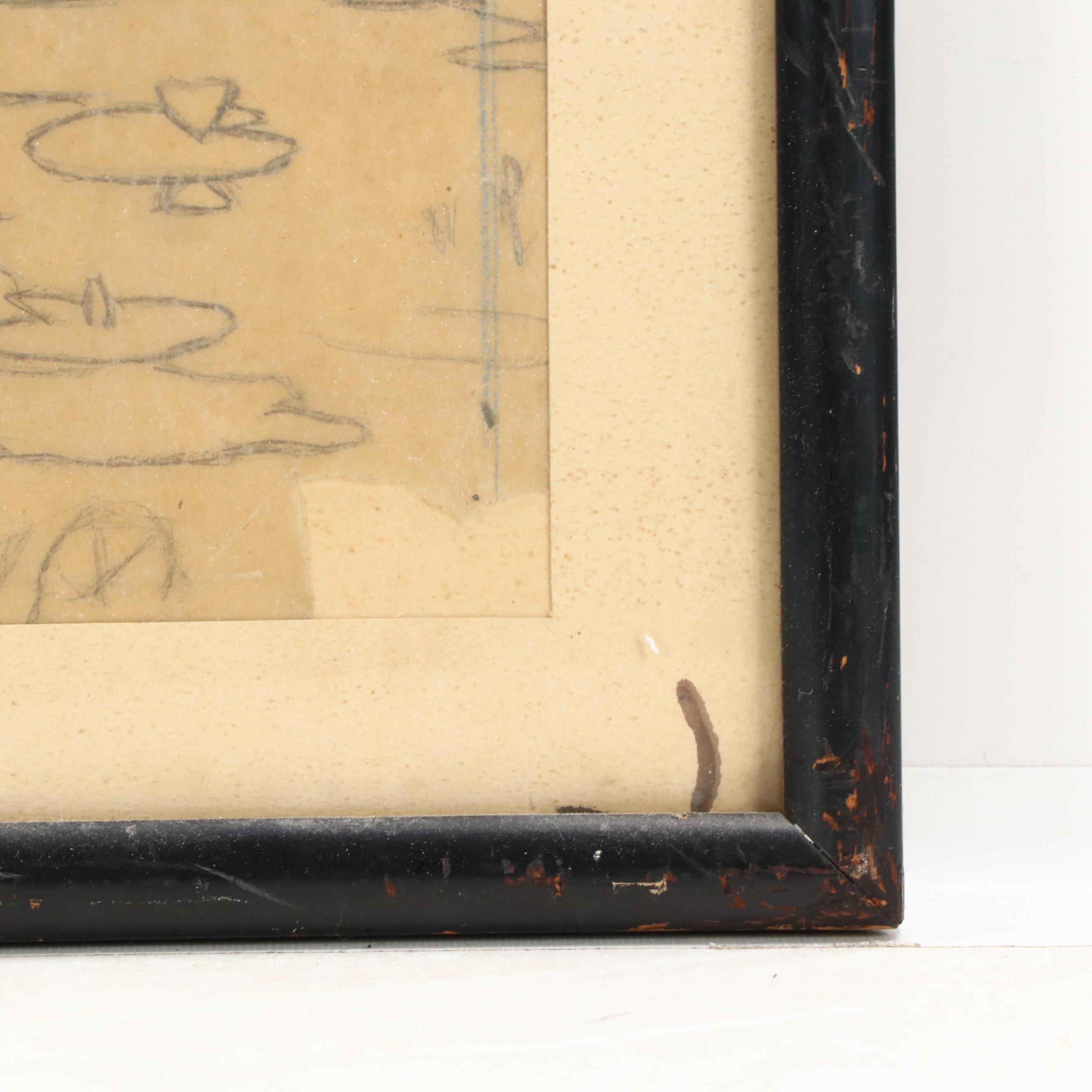 Graphite Drawing of Figures in Forest Scene