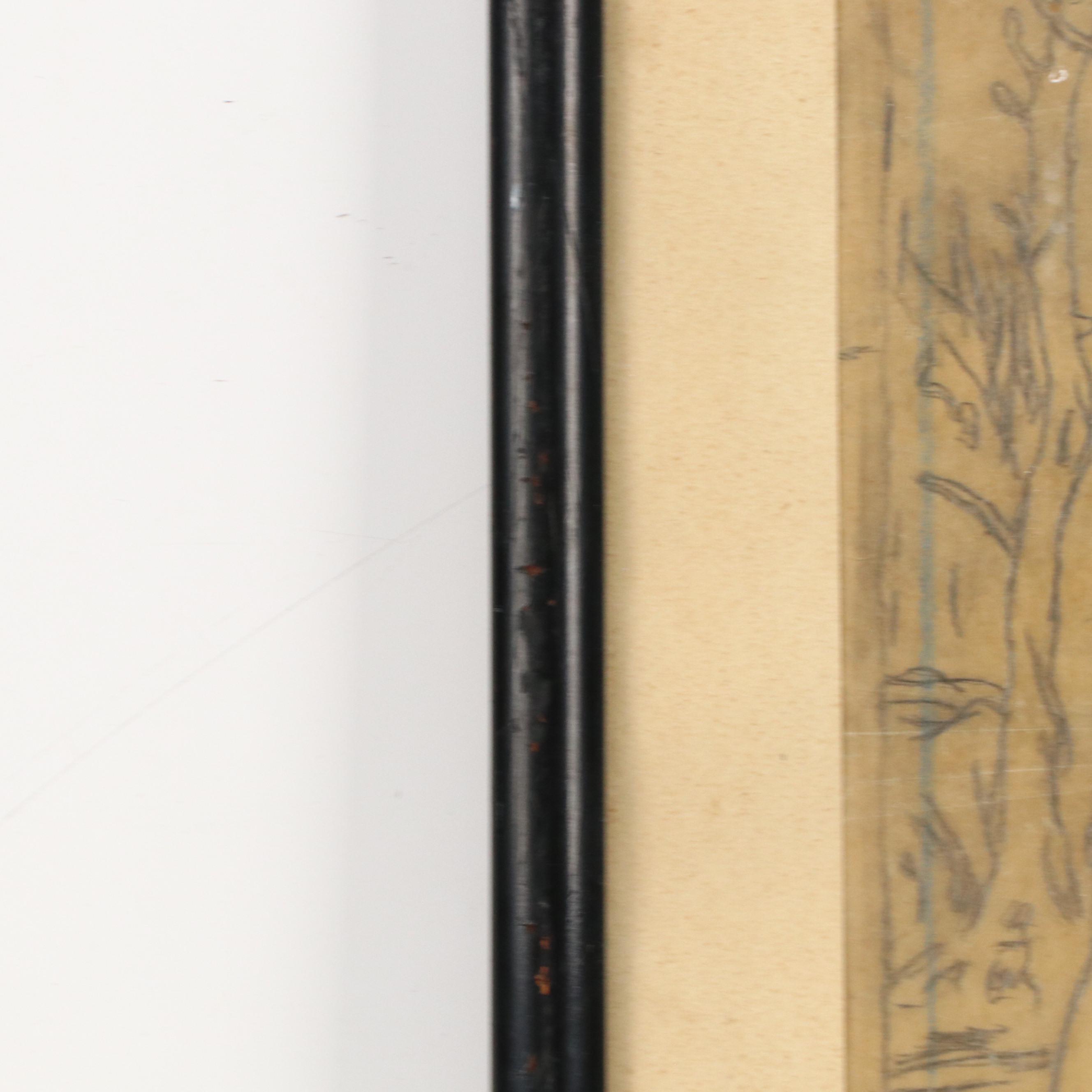 Graphite Drawing of Figures in Forest Scene