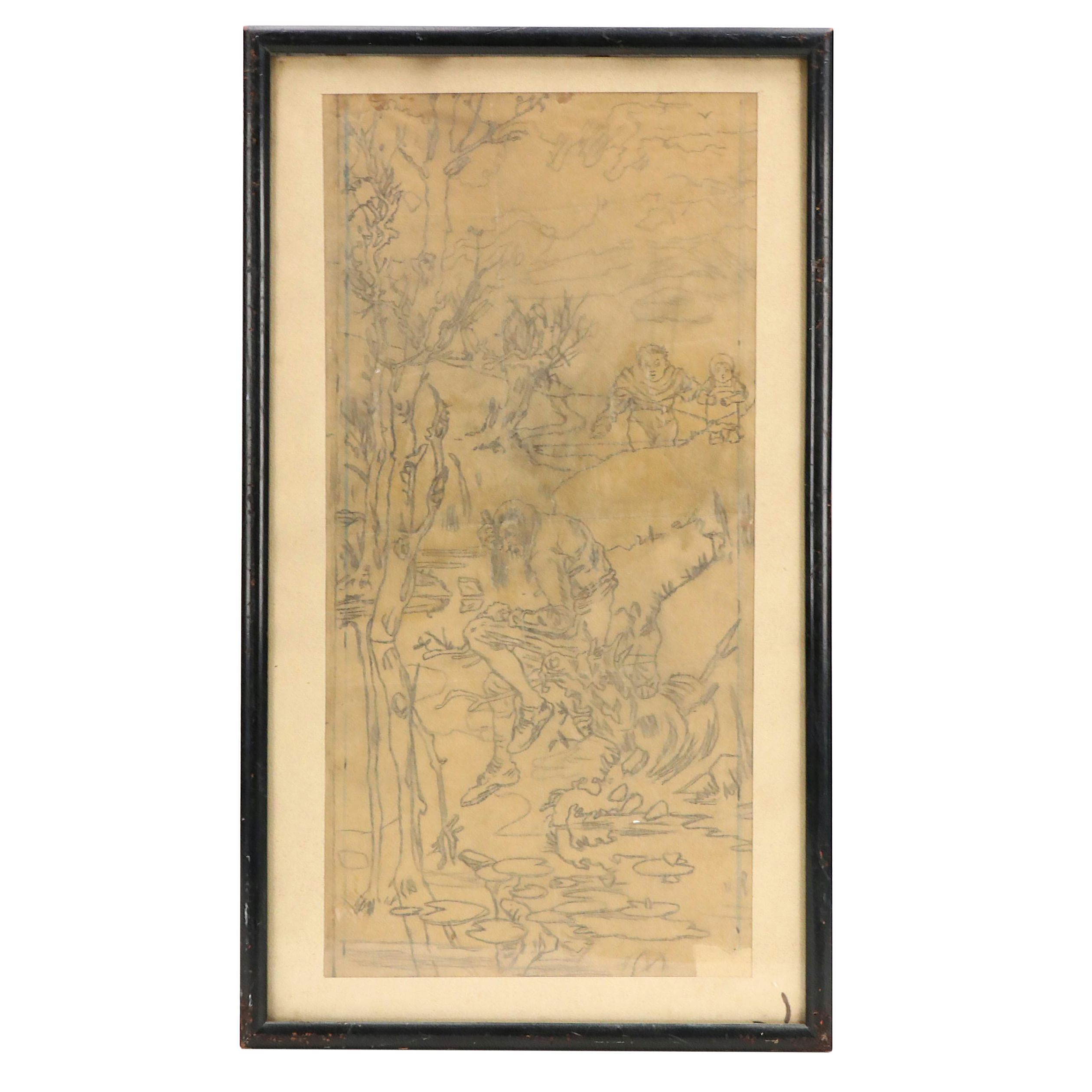 Graphite Drawing of Figures in Forest Scene