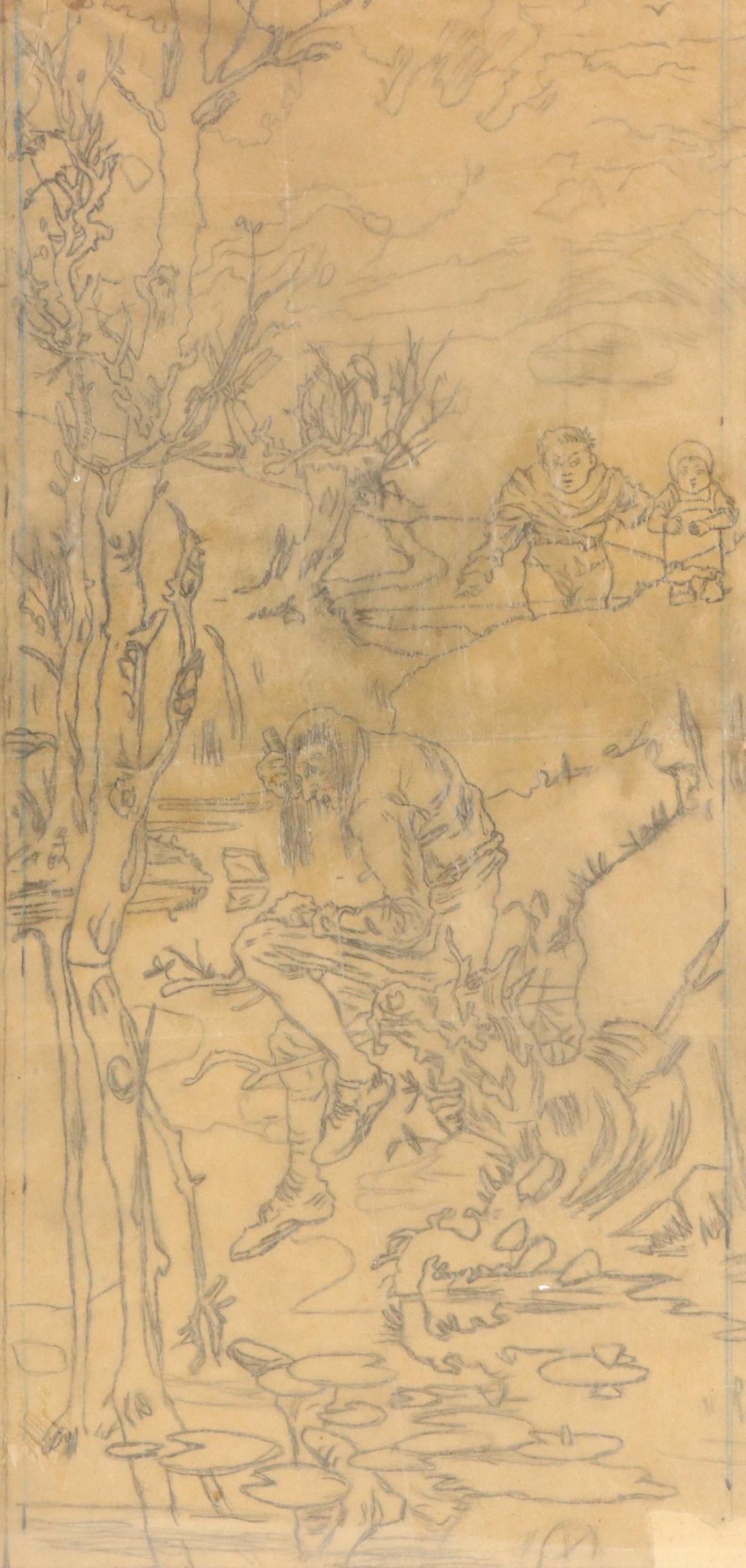 Graphite Drawing of Figures in Forest Scene