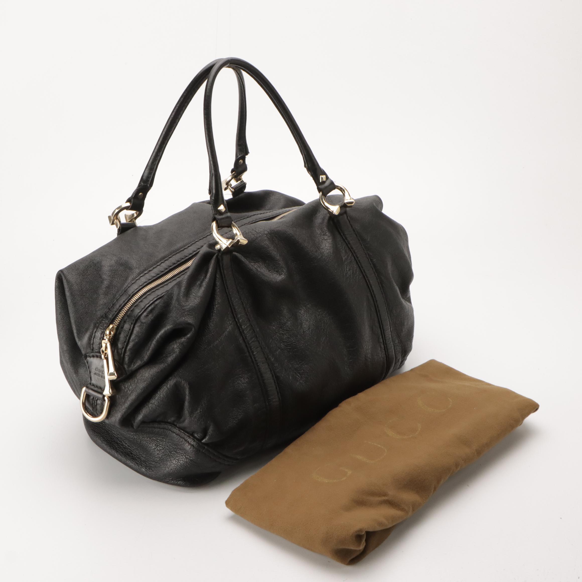 Gucci Horseshoe Handle Slouchy Shoulder Bag in Black Crinkled Calfskin Leather