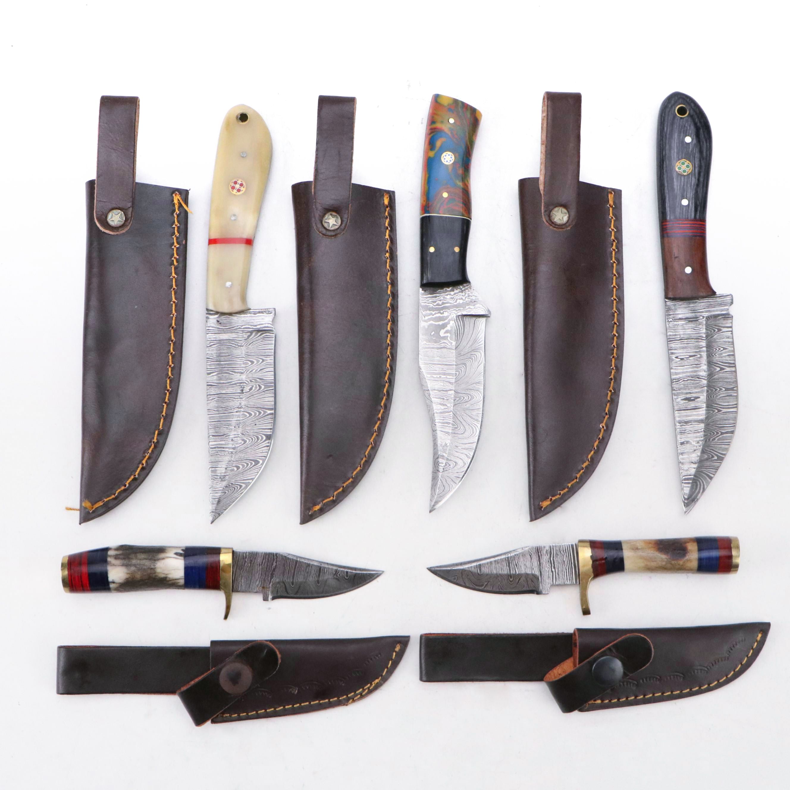 Damascus Steel Hunting and Skinner Knives in Leather Scabbards