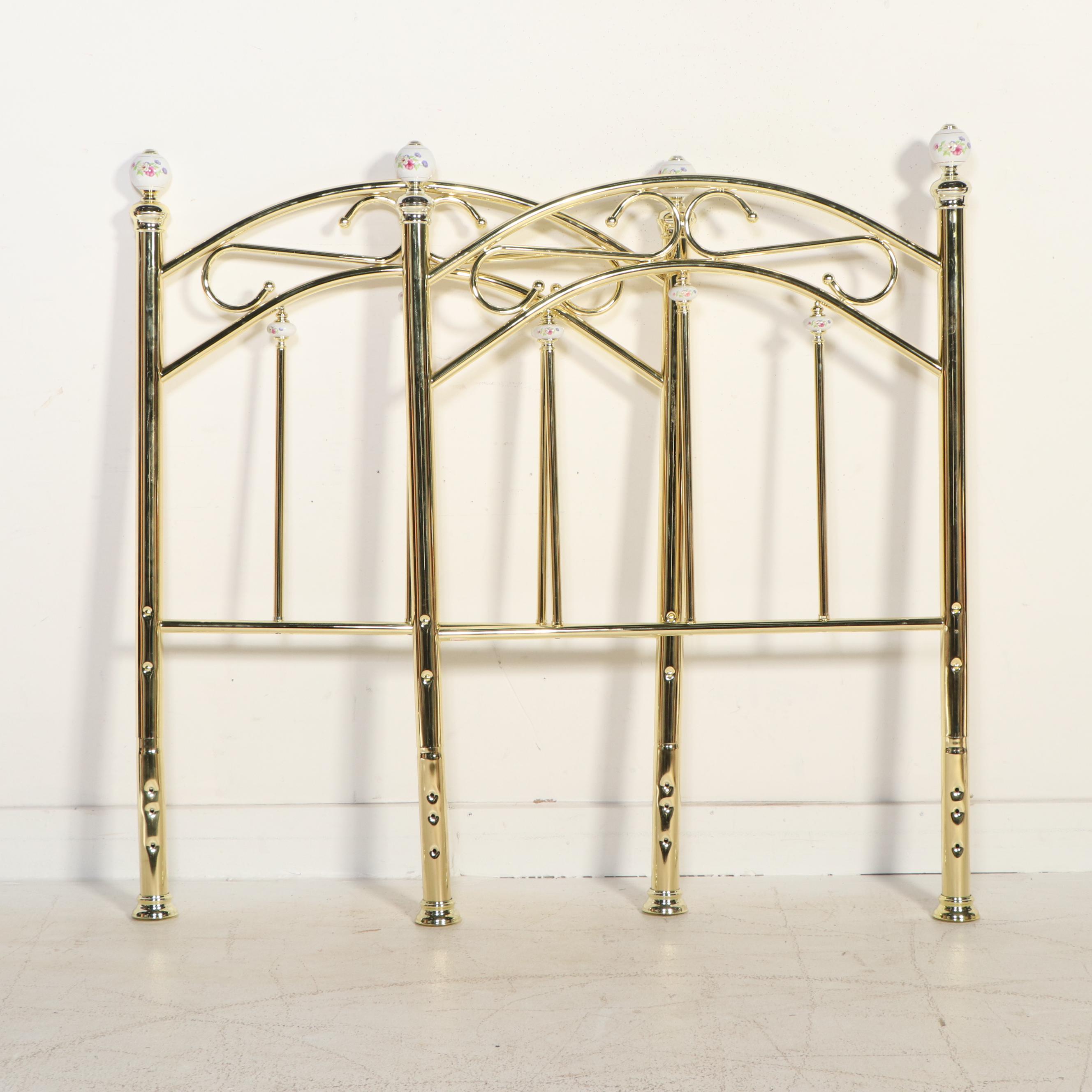 Pair of Victorian Style Lacquered Brass Twin Beds with Porcelain Orbs