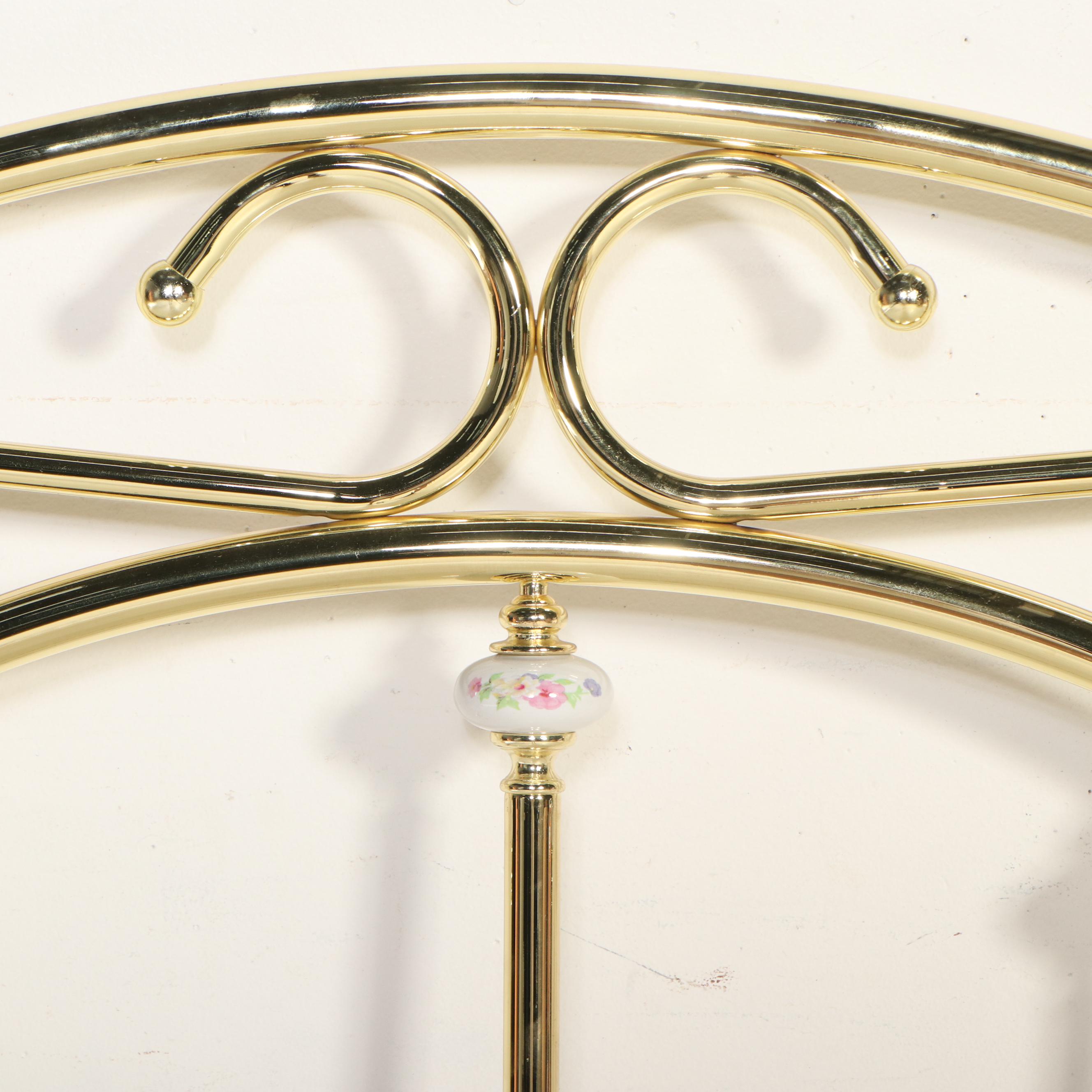 Pair of Victorian Style Lacquered Brass Twin Beds with Porcelain Orbs