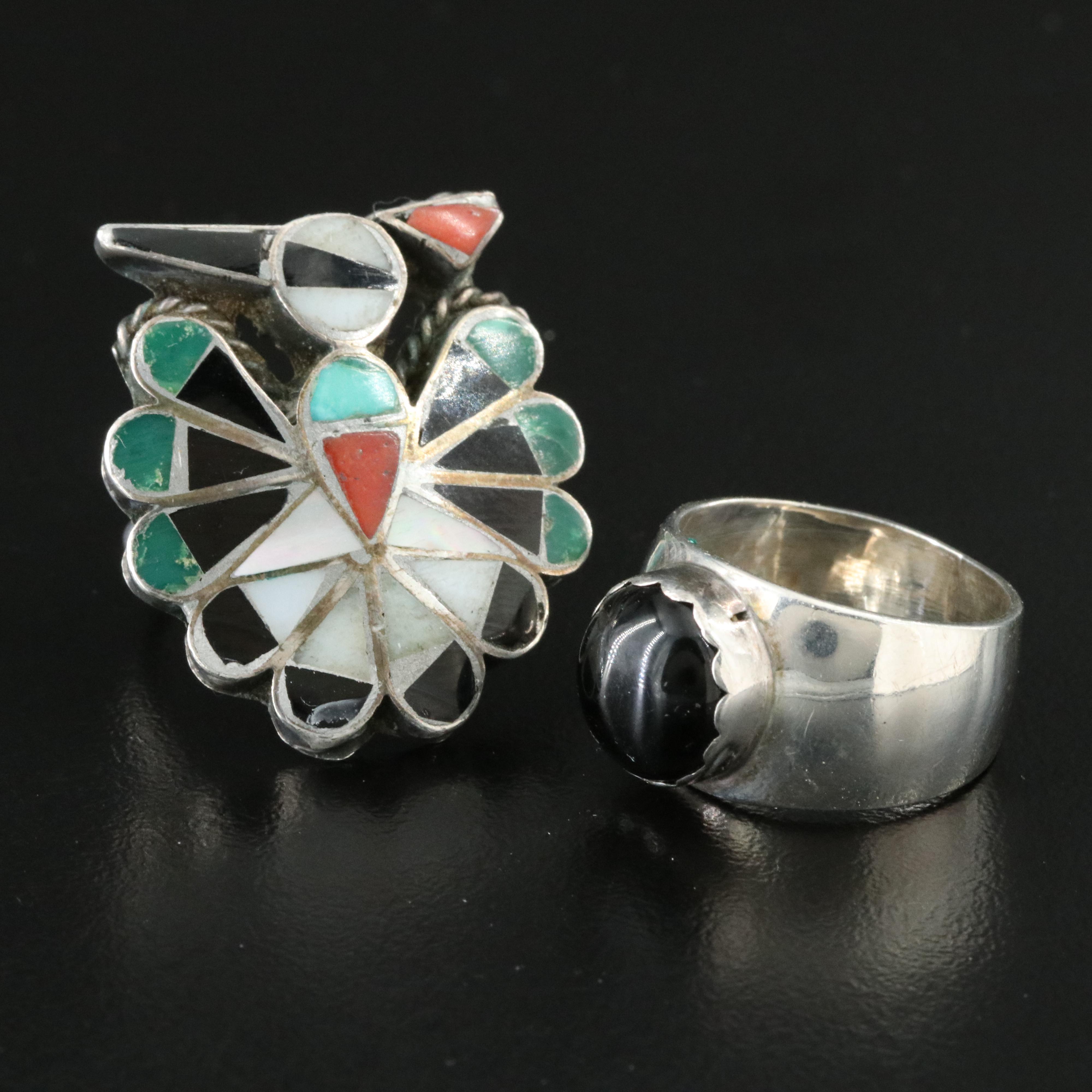 Southwestern Sterling Inlay Thunderbird Ring and Black Onyx Band